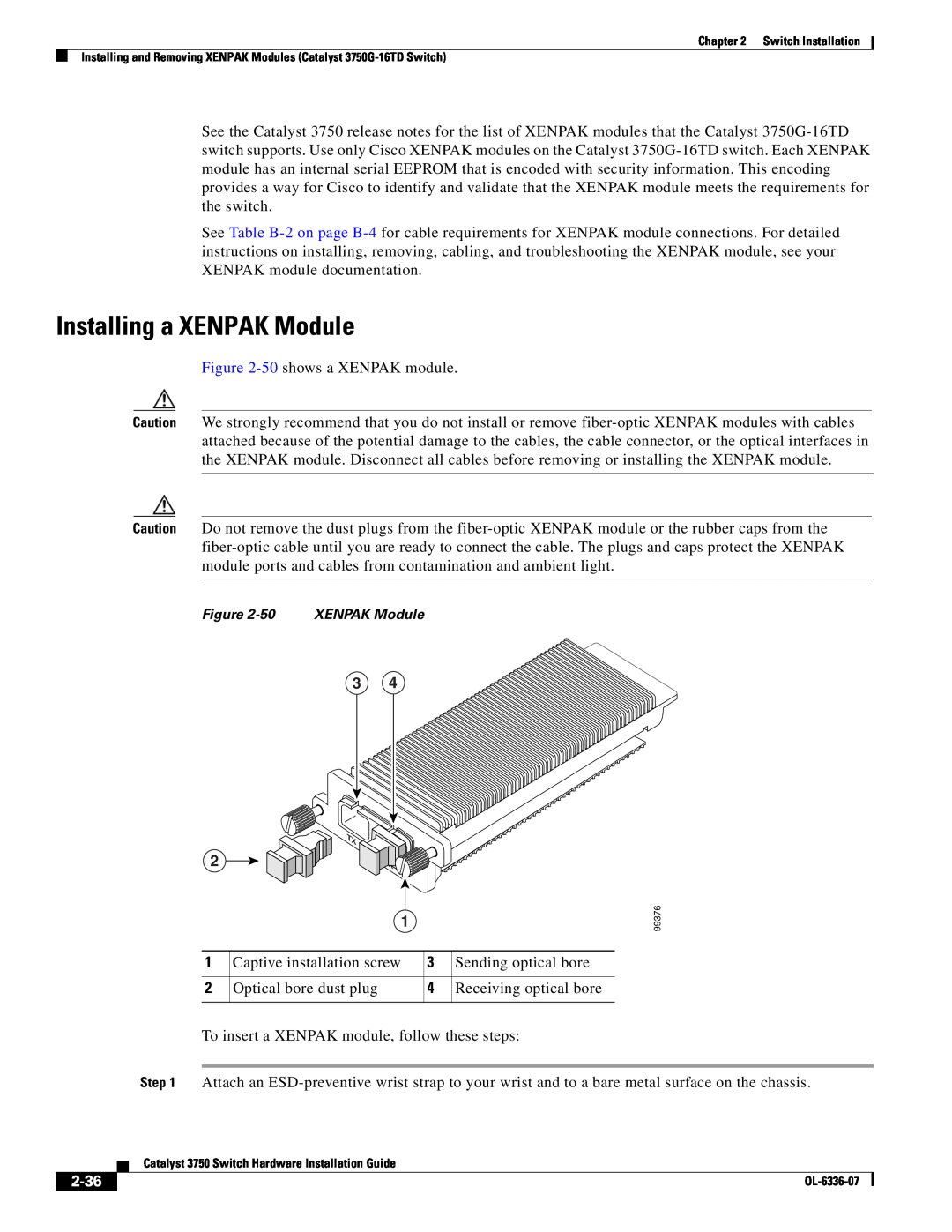 Cisco Systems WSC3750X24TS specifications Installing a XENPAK Module, 2-36 