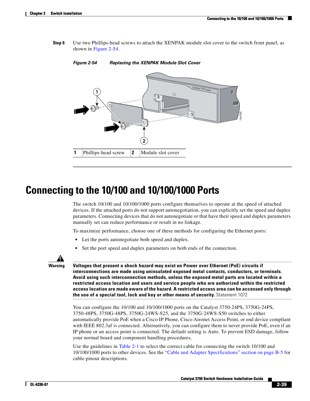 Cisco Systems WSC3750X24TS specifications Connecting to the 10/100 and 10/100/1000 Ports, 2-39 