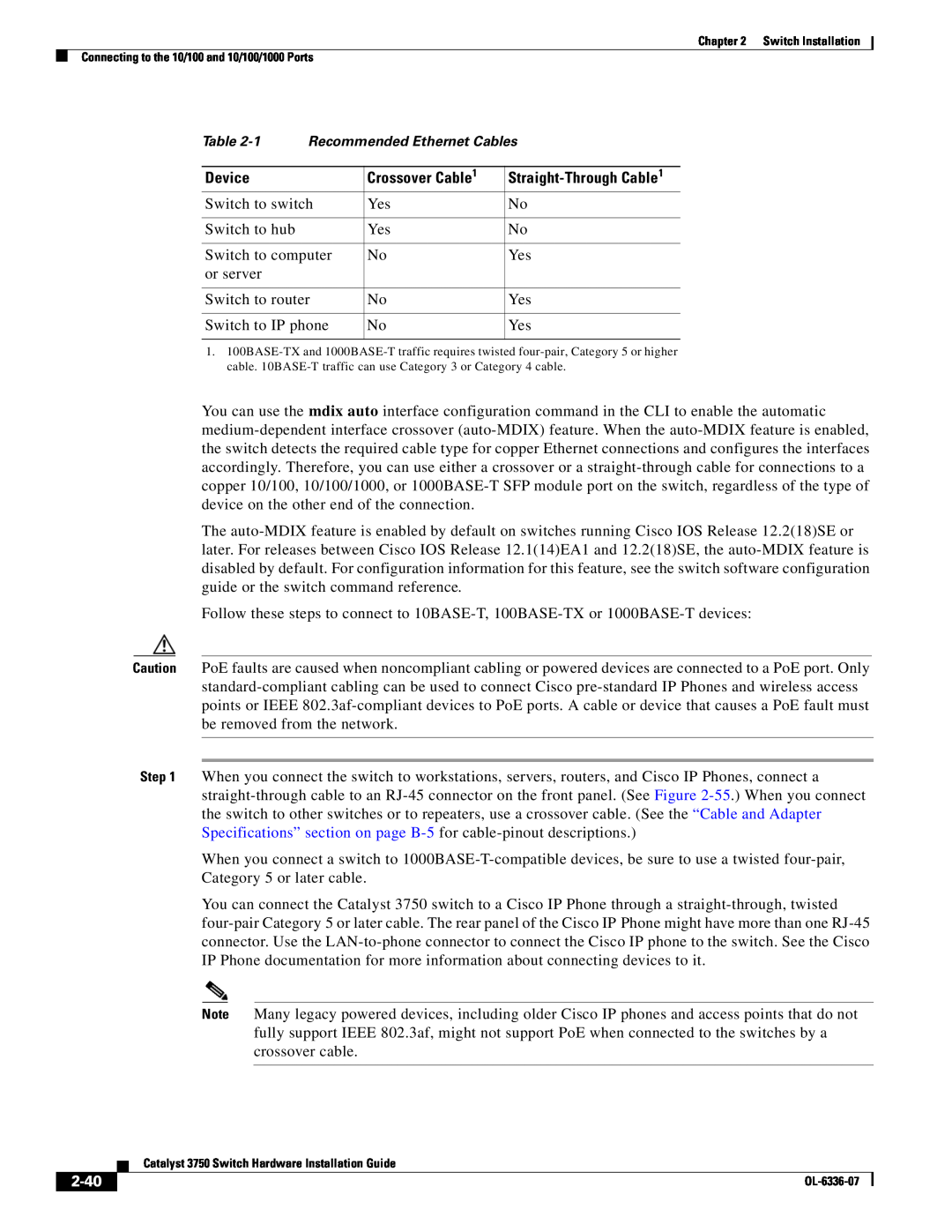 Cisco Systems WSC3750X24TS specifications Device, Crossover Cable, 2-40, Straight-Through Cable 