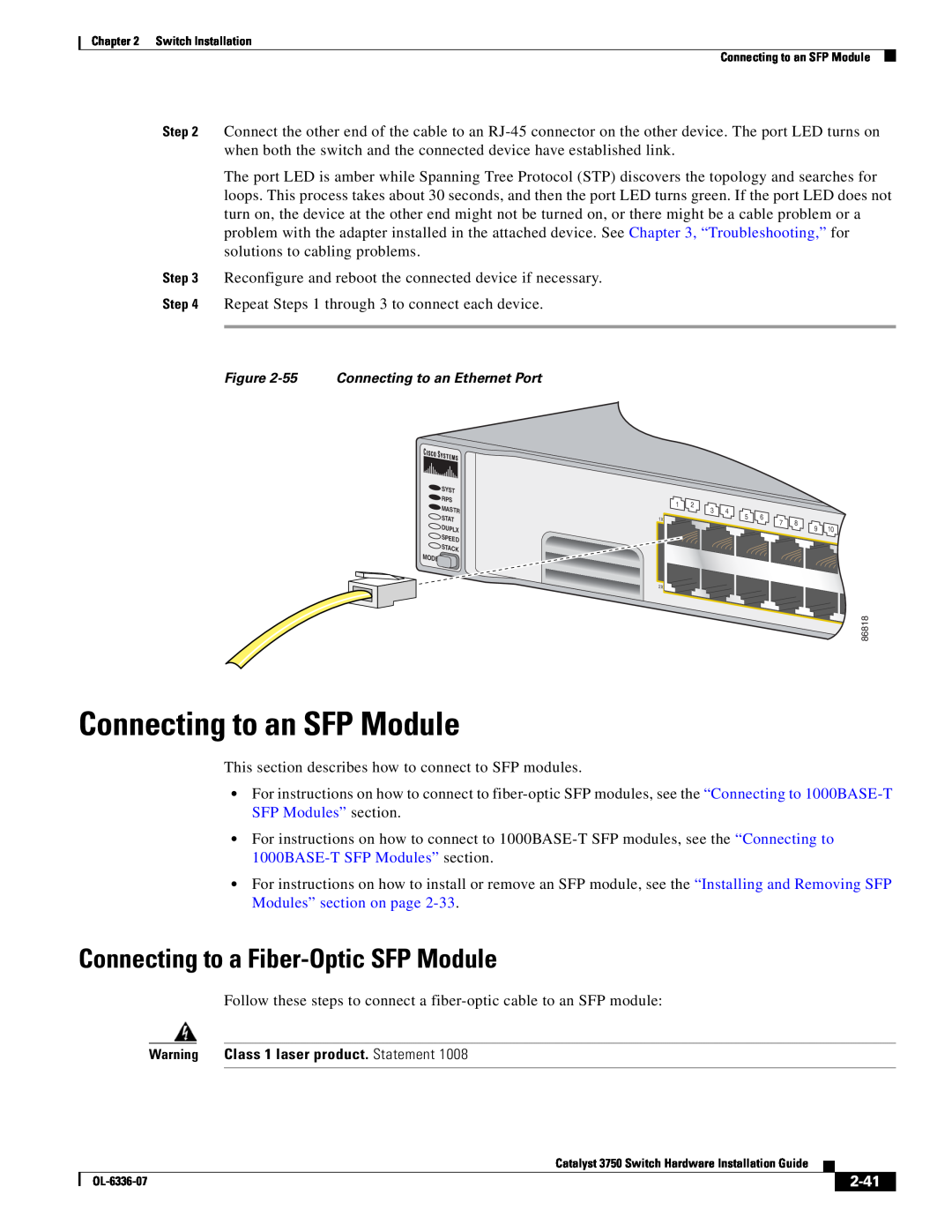 Cisco Systems WSC3750X24TS specifications Connecting to an SFP Module, Connecting to a Fiber-Optic SFP Module, 2-41 