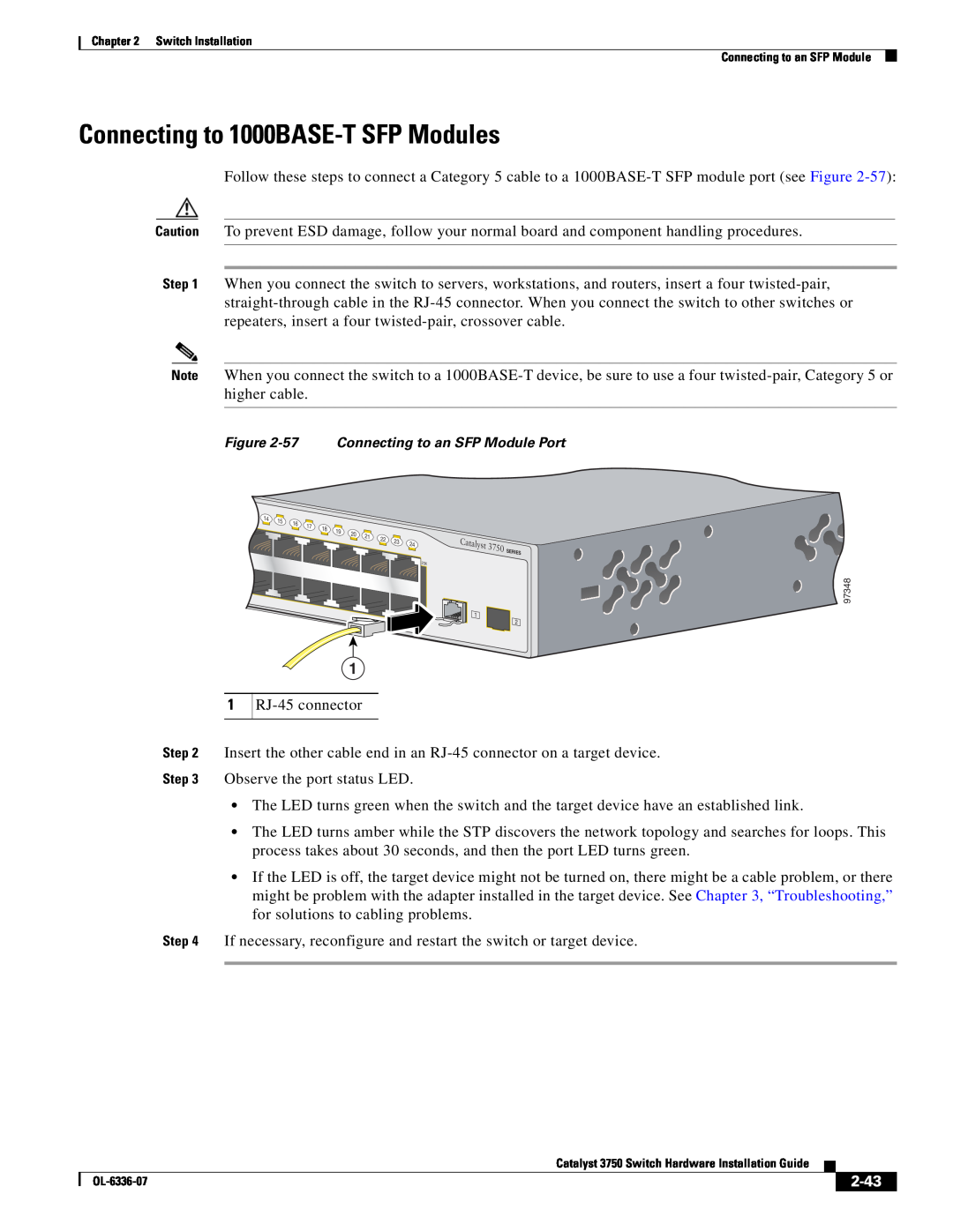 Cisco Systems WSC3750X24TS specifications Connecting to 1000BASE-T SFP Modules, 2-43, 57 Connecting to an SFP Module Port 
