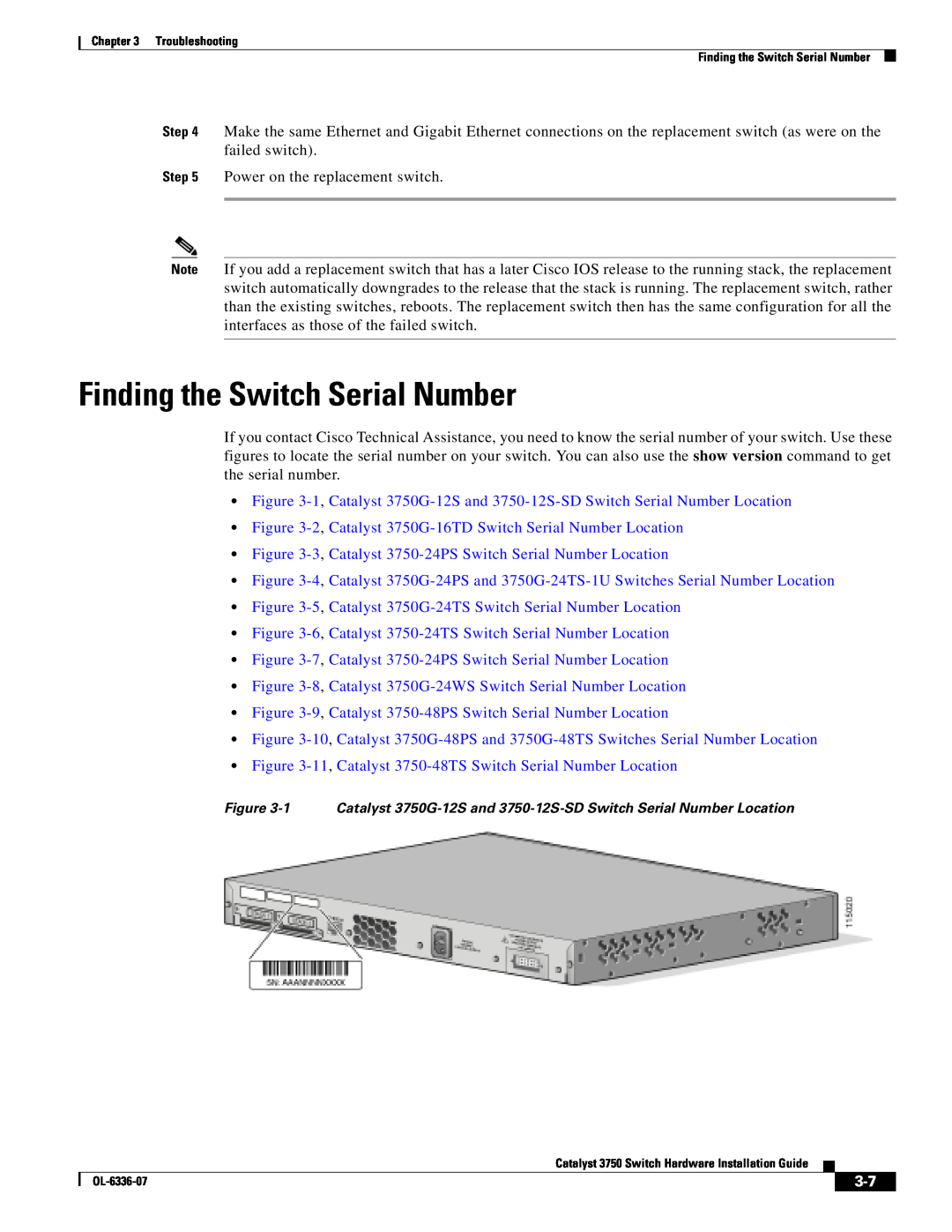 Cisco Systems WSC3750X24TS Finding the Switch Serial Number, 2, Catalyst 3750G-16TD Switch Serial Number Location 