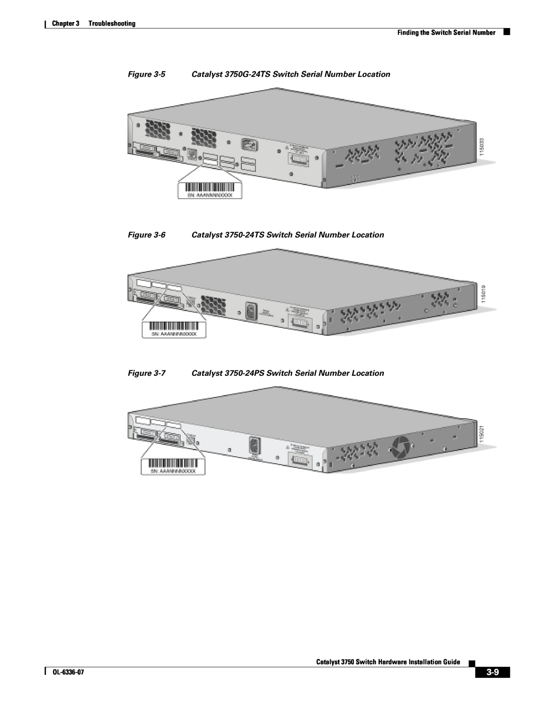 Cisco Systems WSC3750X24TS specifications 5 Catalyst 3750G-24TS Switch Serial Number Location, OL-6336-07 