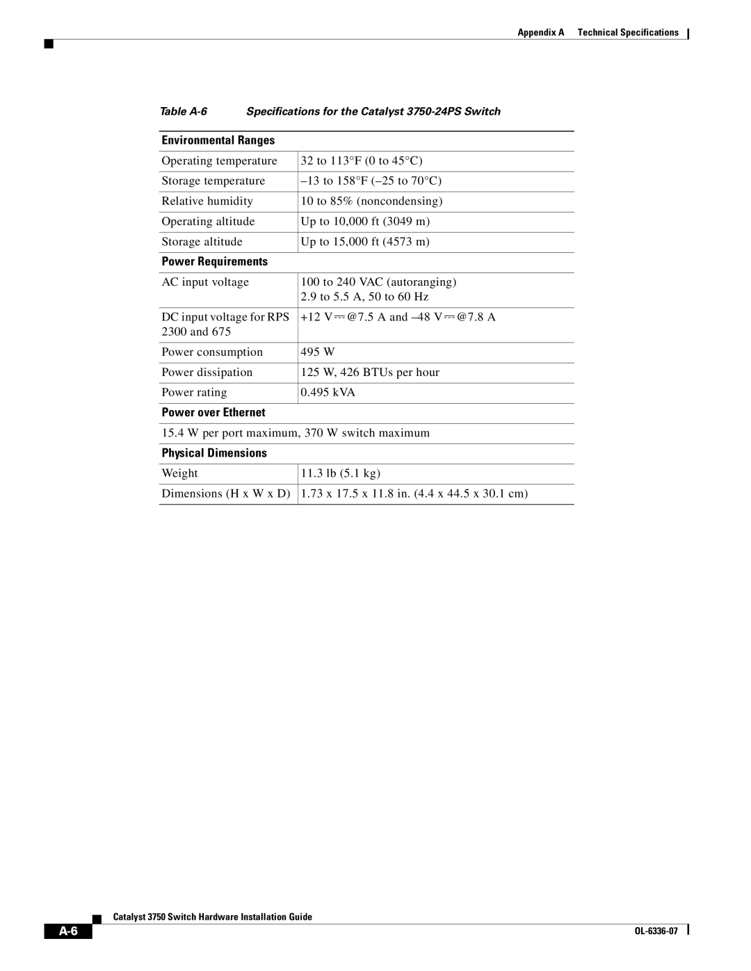 Cisco Systems WSC3750X24TS specifications Per port maximum, 370 W switch maximum 