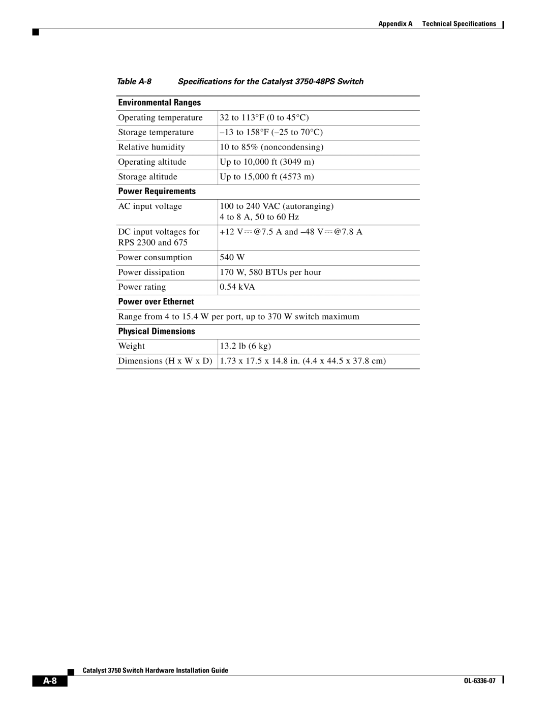 Cisco Systems WSC3750X24TS specifications Table A-8 Specifications for the Catalyst 3750-48PS Switch 