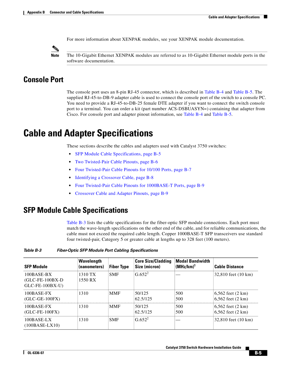 Cisco Systems WSC3750X24TS specifications Cable and Adapter Specifications, SFP Module Cable Specifications 