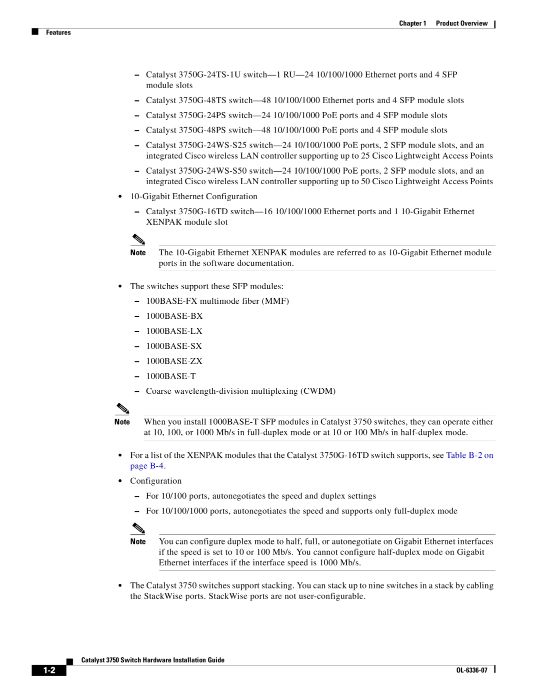 Cisco Systems WSC3750X24TS specifications Product Overview Features 