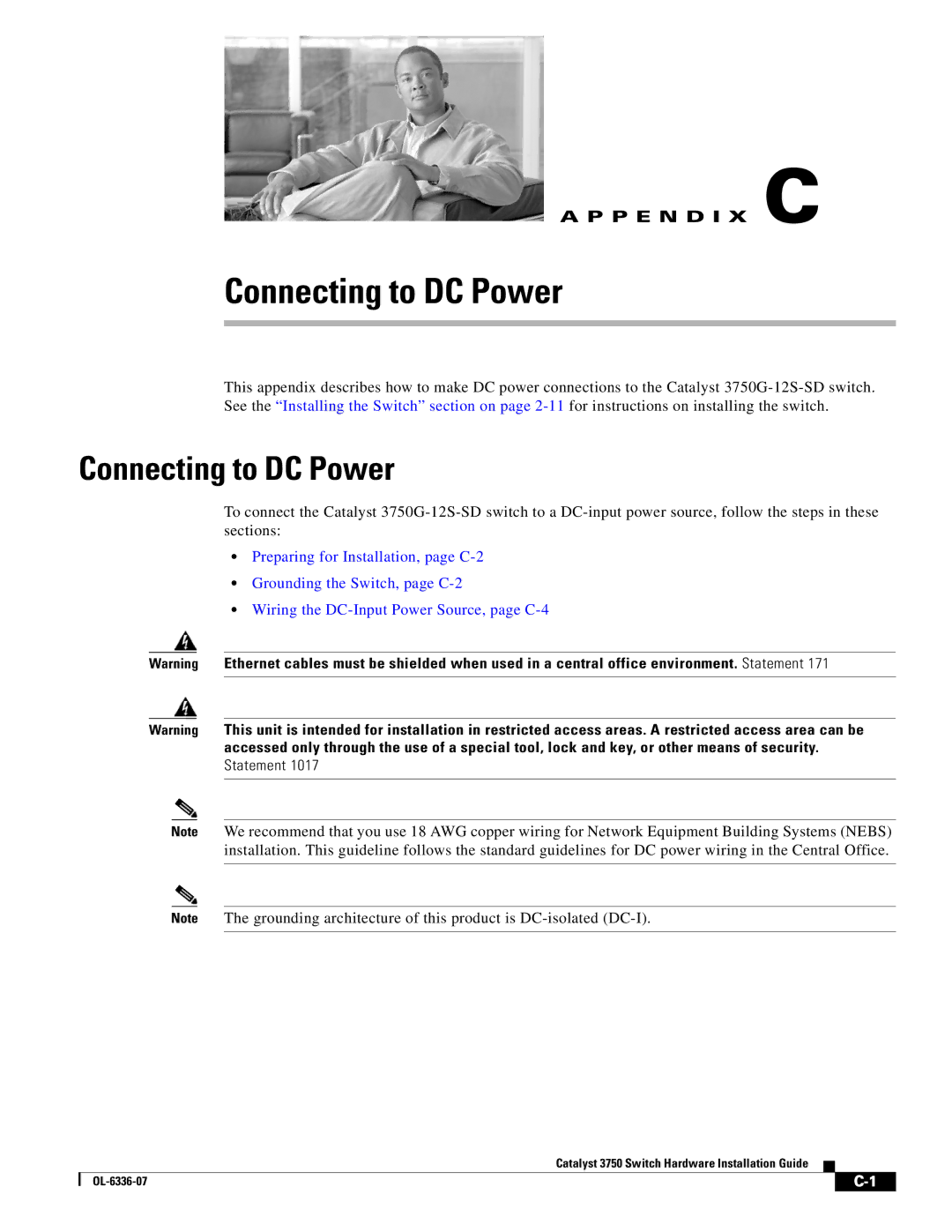 Cisco Systems WSC3750X24TS specifications Connecting to DC Power 