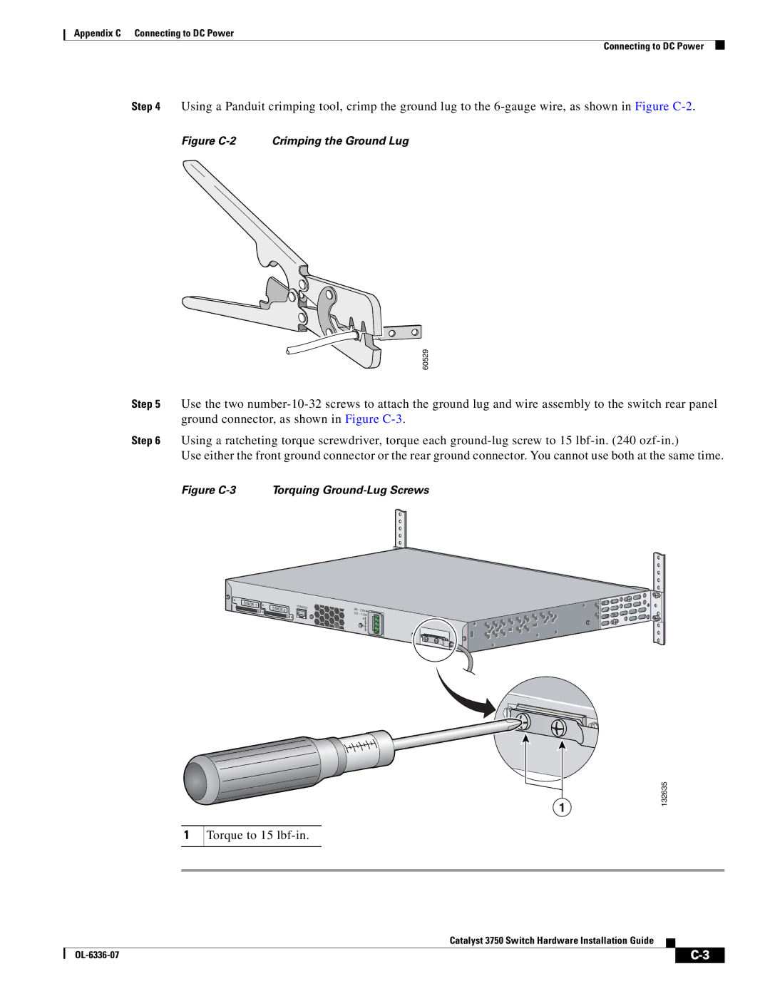 Cisco Systems WSC3750X24TS specifications Torque to 15 lbf-in, Figure C-2 Crimping the Ground Lug 