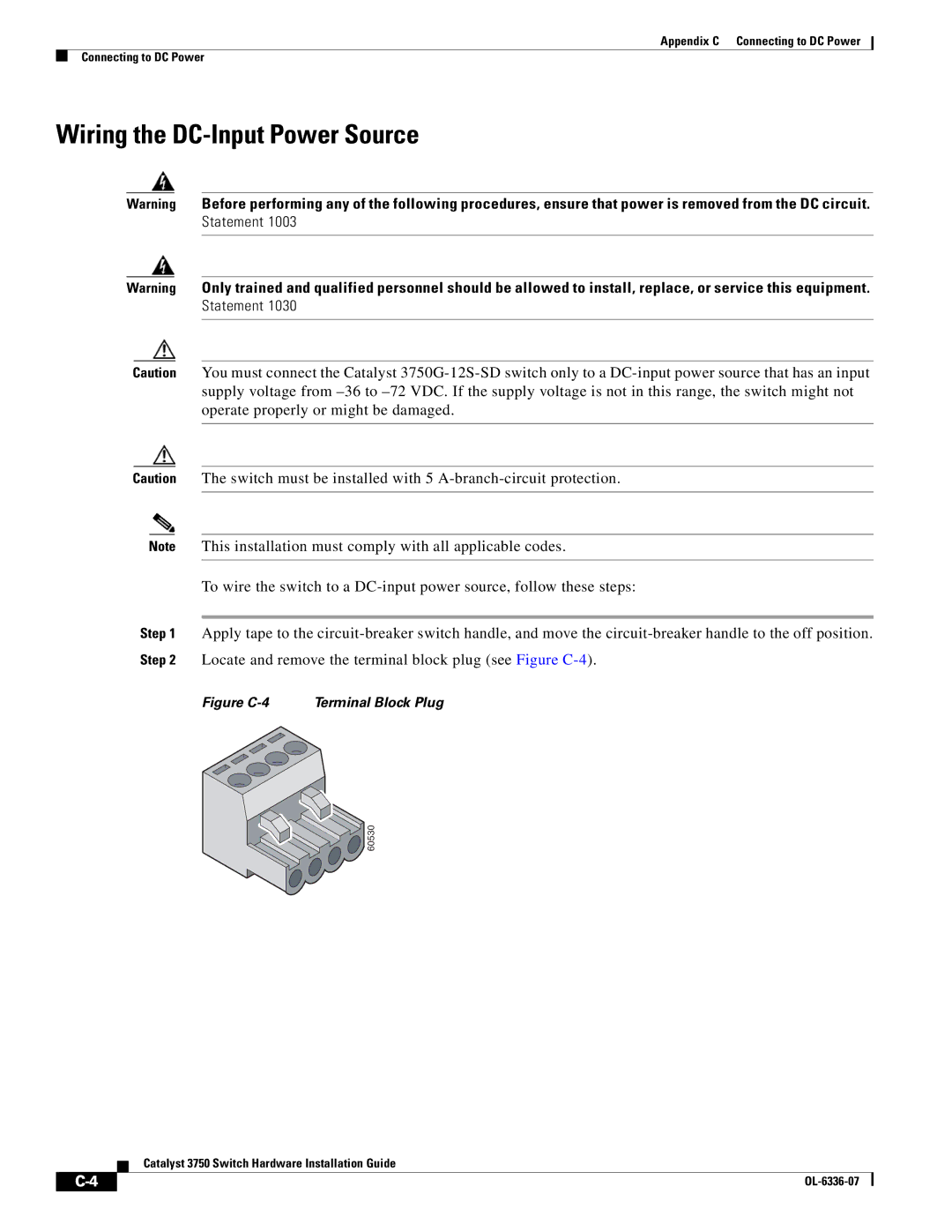 Cisco Systems WSC3750X24TS specifications Wiring the DC-Input Power Source, Figure C-4 Terminal Block Plug 