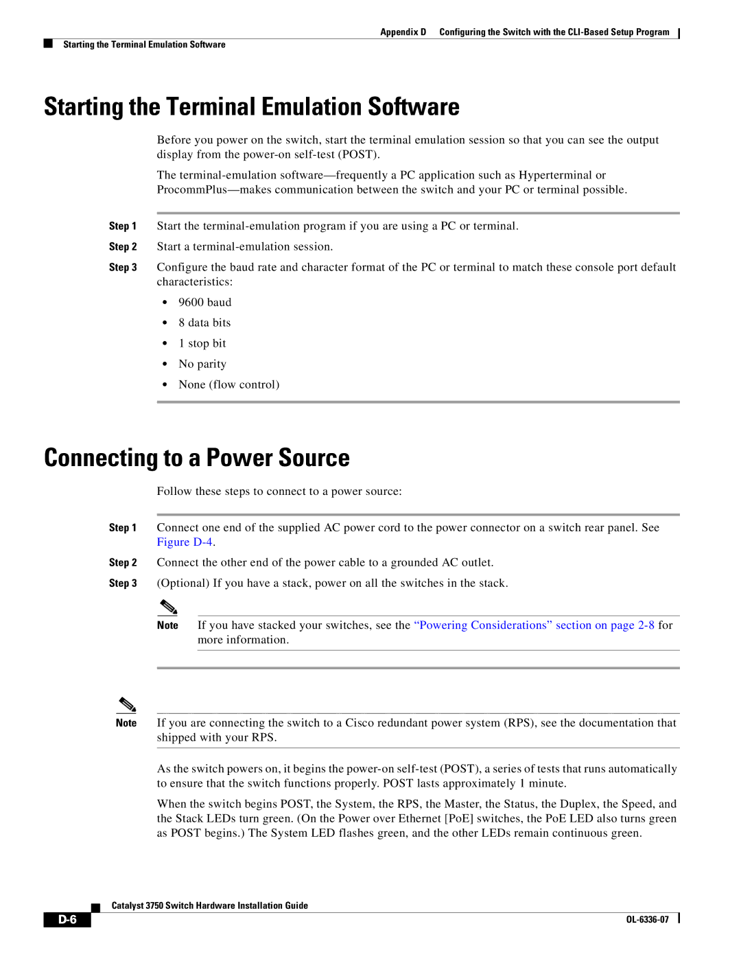 Cisco Systems WSC3750X24TS specifications Starting the Terminal Emulation Software, Connecting to a Power Source 