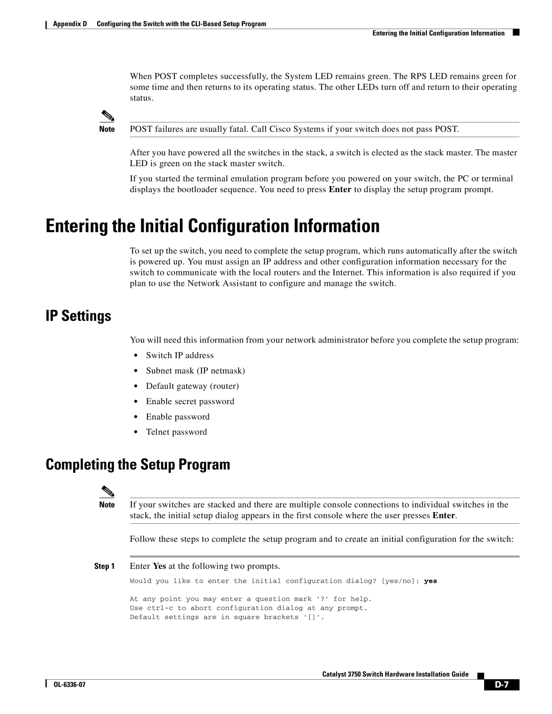 Cisco Systems WSC3750X24TS Entering the Initial Configuration Information, IP Settings, Completing the Setup Program 