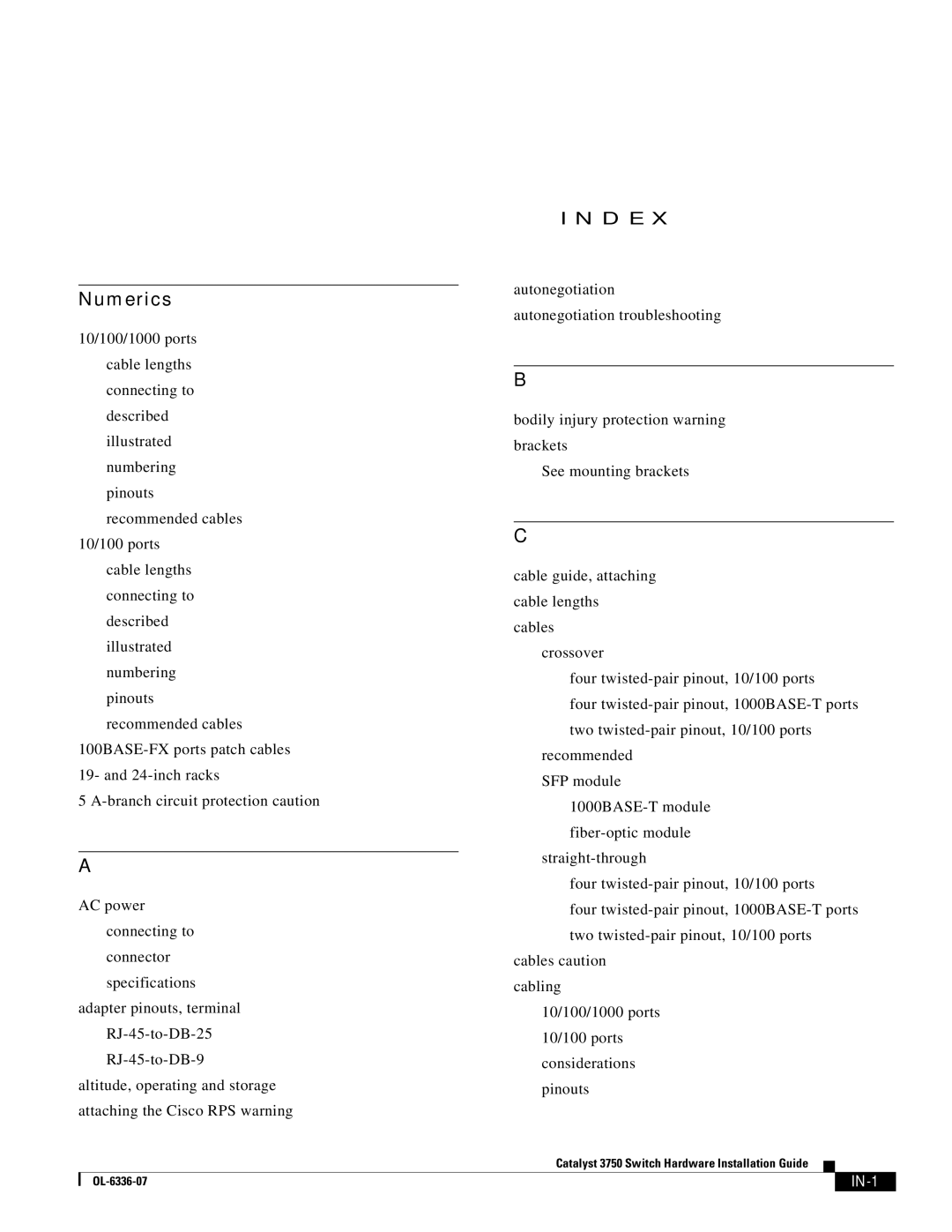 Cisco Systems WSC3750X24TS specifications Numerics, Considerations Pinouts B-7 