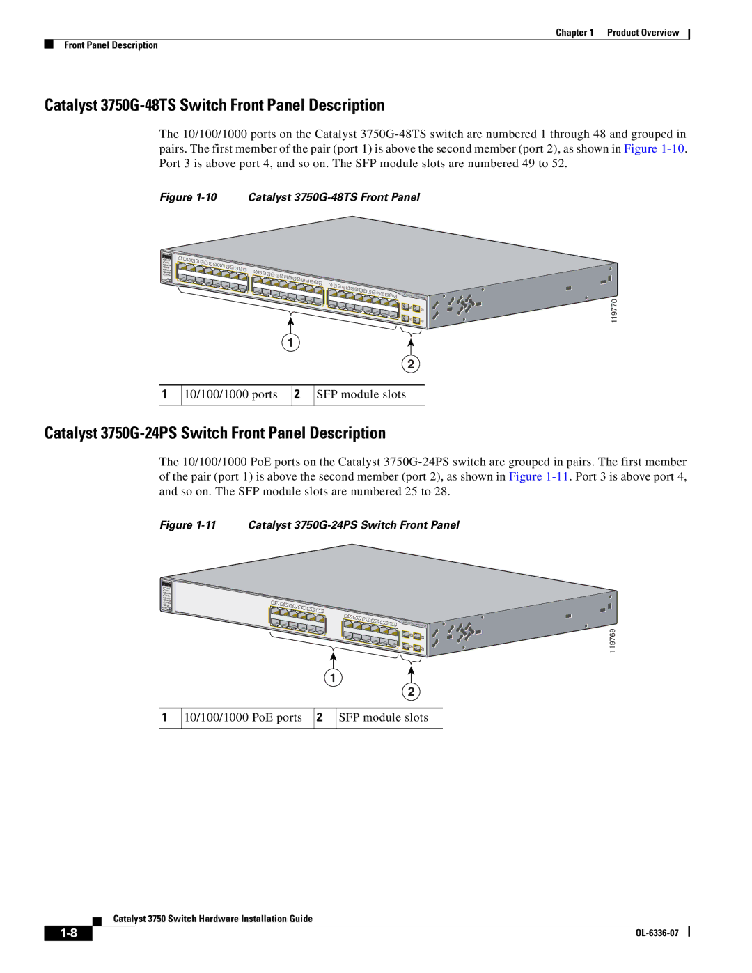 Cisco Systems WSC3750X24TS Catalyst 3750G-48TS Switch Front Panel Description, 10/100/1000 ports SFP module slots 