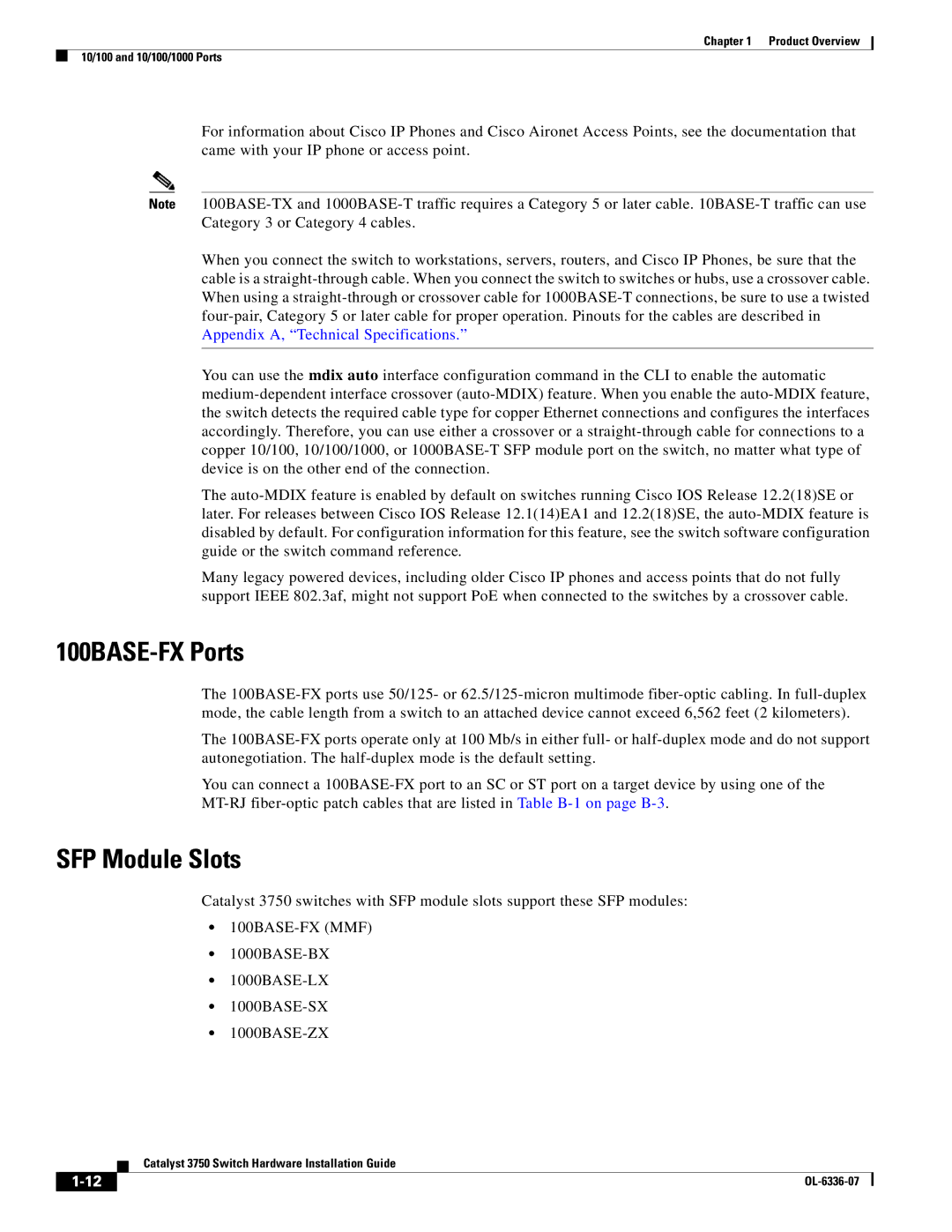 Cisco Systems WSC3750X24TS specifications 100BASE-FX Ports, SFP Module Slots 