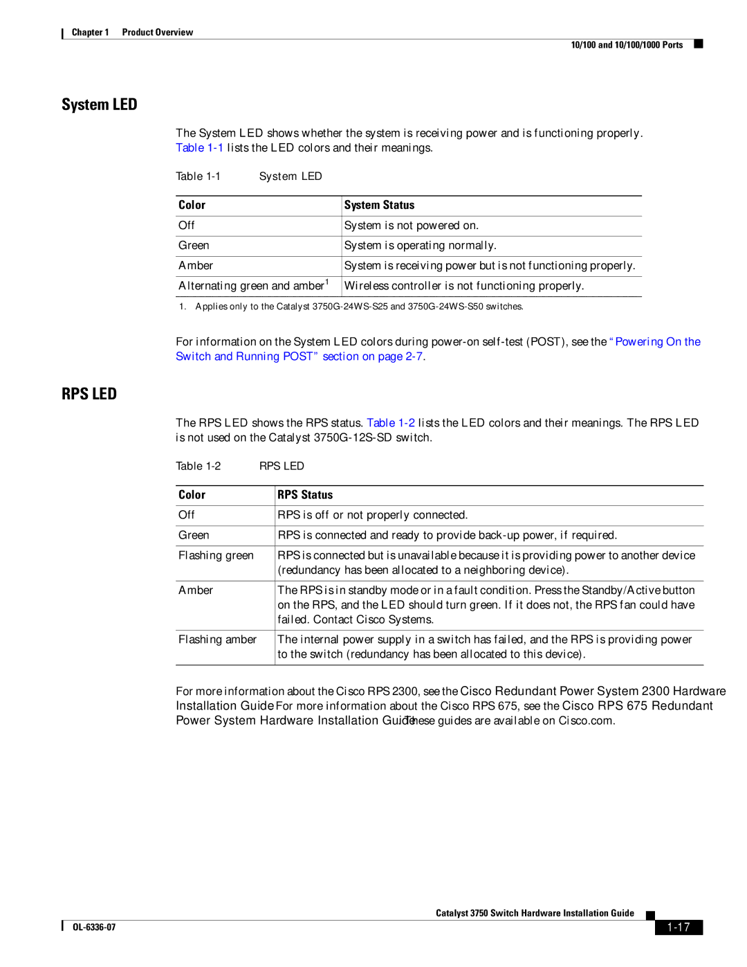 Cisco Systems WSC3750X24TS specifications System LED, Color System Status 