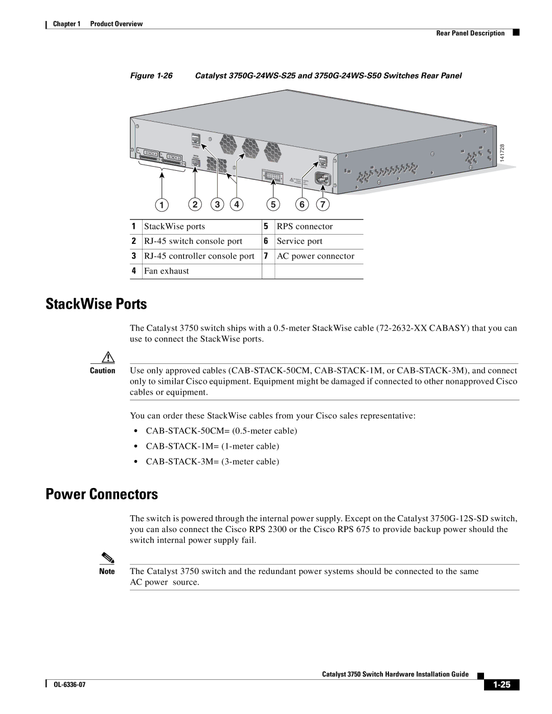 Cisco Systems WSC3750X24TS specifications StackWise Ports, Power Connectors 