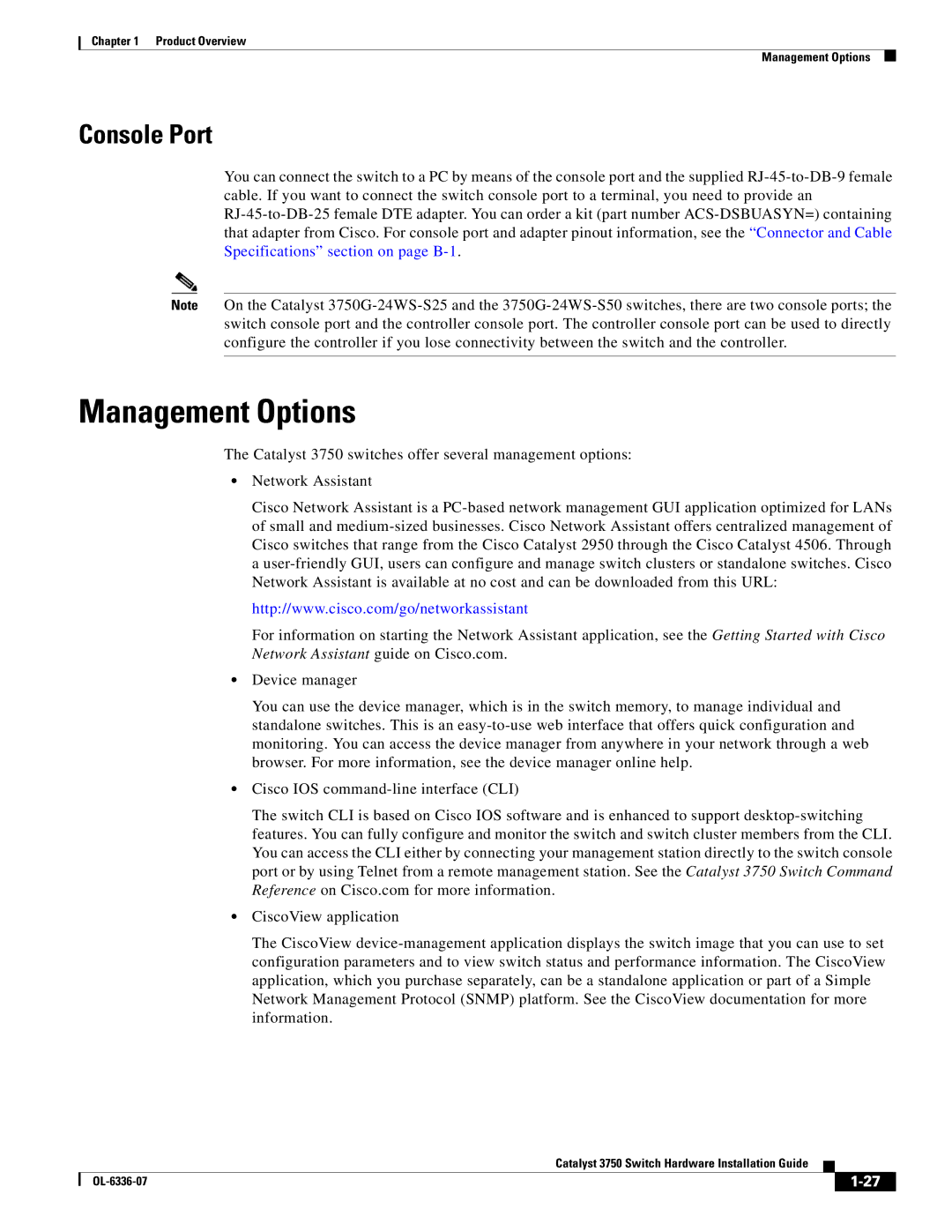 Cisco Systems WSC3750X24TS specifications Management Options, Console Port 