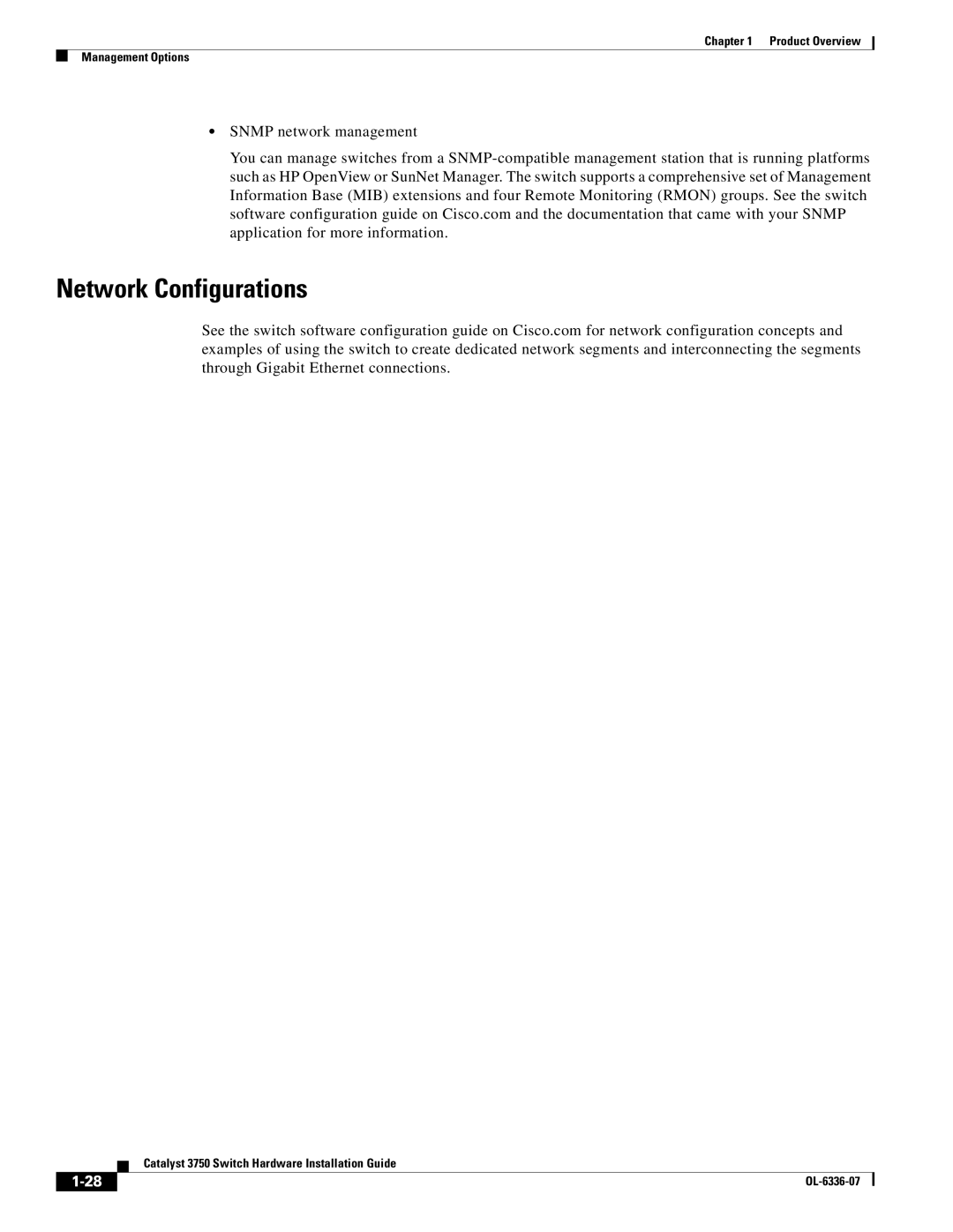 Cisco Systems WSC3750X24TS specifications Network Configurations, Snmp network management 