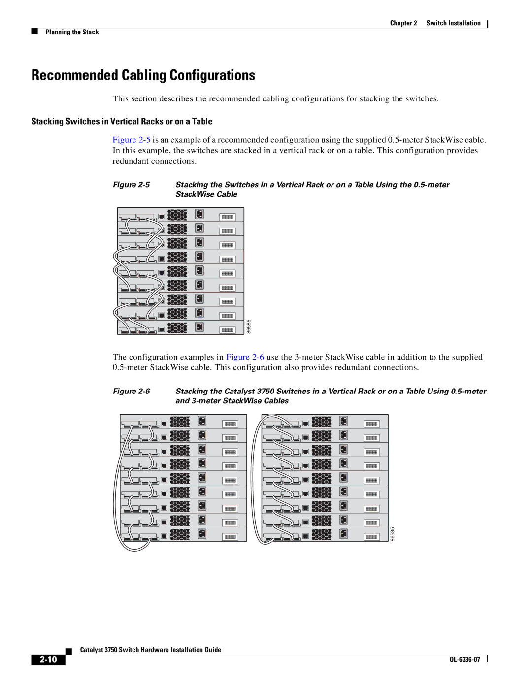 Cisco Systems WSC3750X24TS Recommended Cabling Configurations, Stacking Switches in Vertical Racks or on a Table 