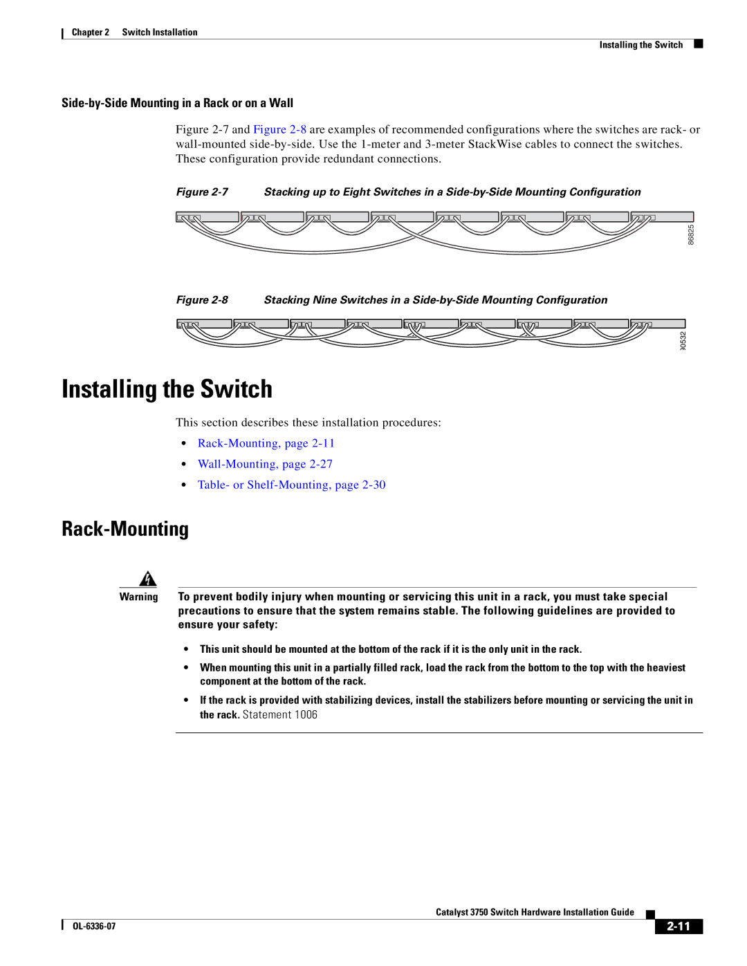 Cisco Systems WSC3750X24TS Installing the Switch, Rack-Mounting, This section describes these installation procedures 