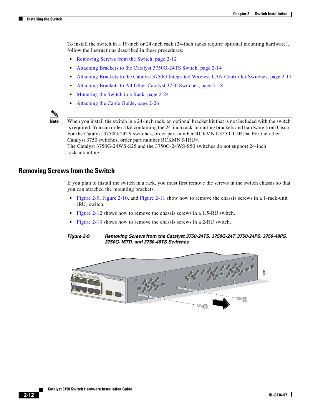 Cisco Systems WSC3750X24TS Removing Screws from the Switch, 12shows how to remove the chassis screws in a 1.5-RU switch 