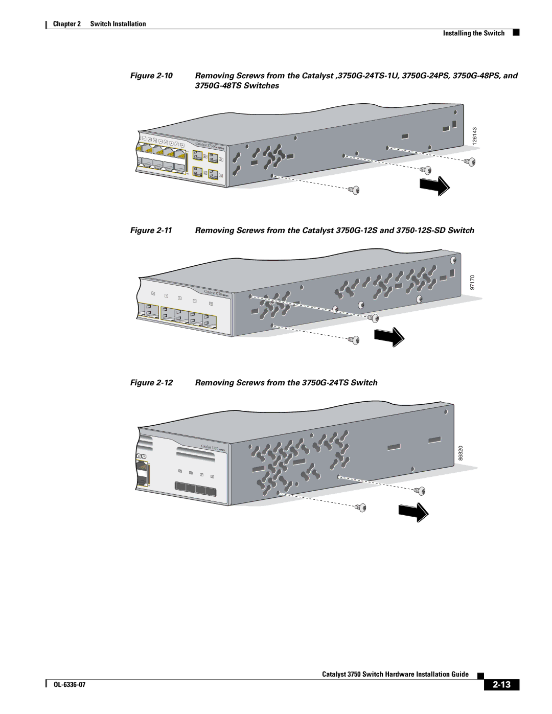 Cisco Systems WSC3750X24TS specifications Removing Screws from the 3750G-24TS Switch 