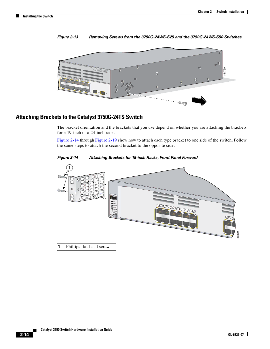 Cisco Systems WSC3750X24TS specifications Attaching Brackets to the Catalyst 3750G-24TS Switch, Phillips flat-head screws 