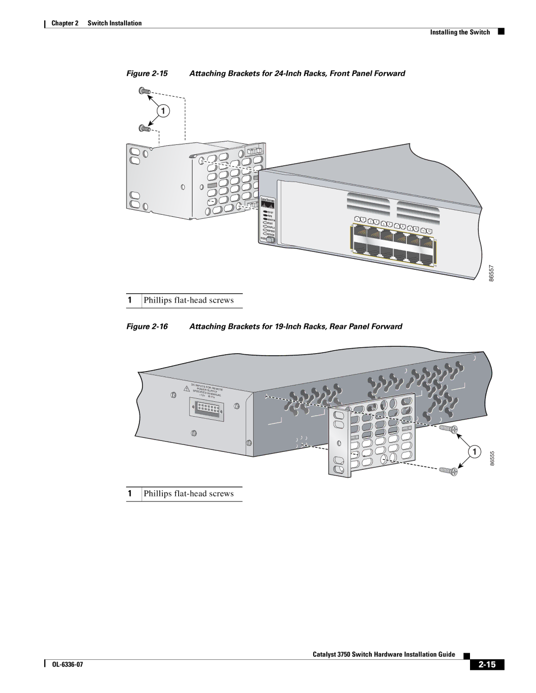 Cisco Systems WSC3750X24TS specifications Attaching Brackets for 24-Inch Racks, Front Panel Forward 