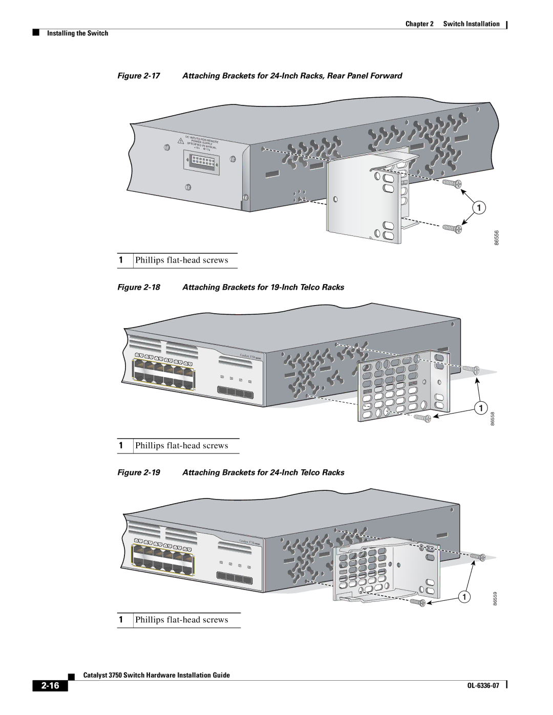 Cisco Systems WSC3750X24TS specifications Attaching Brackets for 24-Inch Racks, Rear Panel Forward 