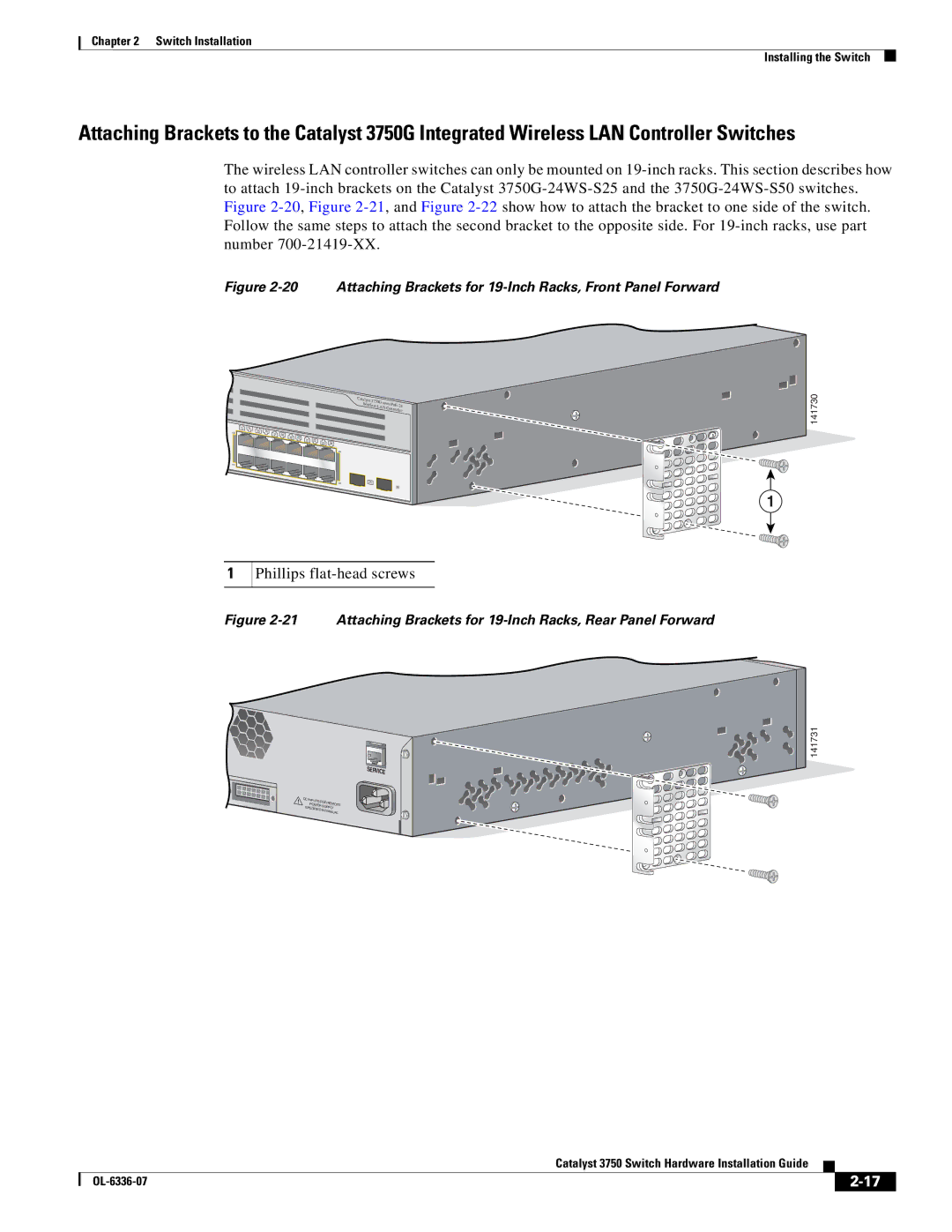 Cisco Systems WSC3750X24TS specifications Attaching Brackets for 19-Inch Racks, Front Panel Forward 