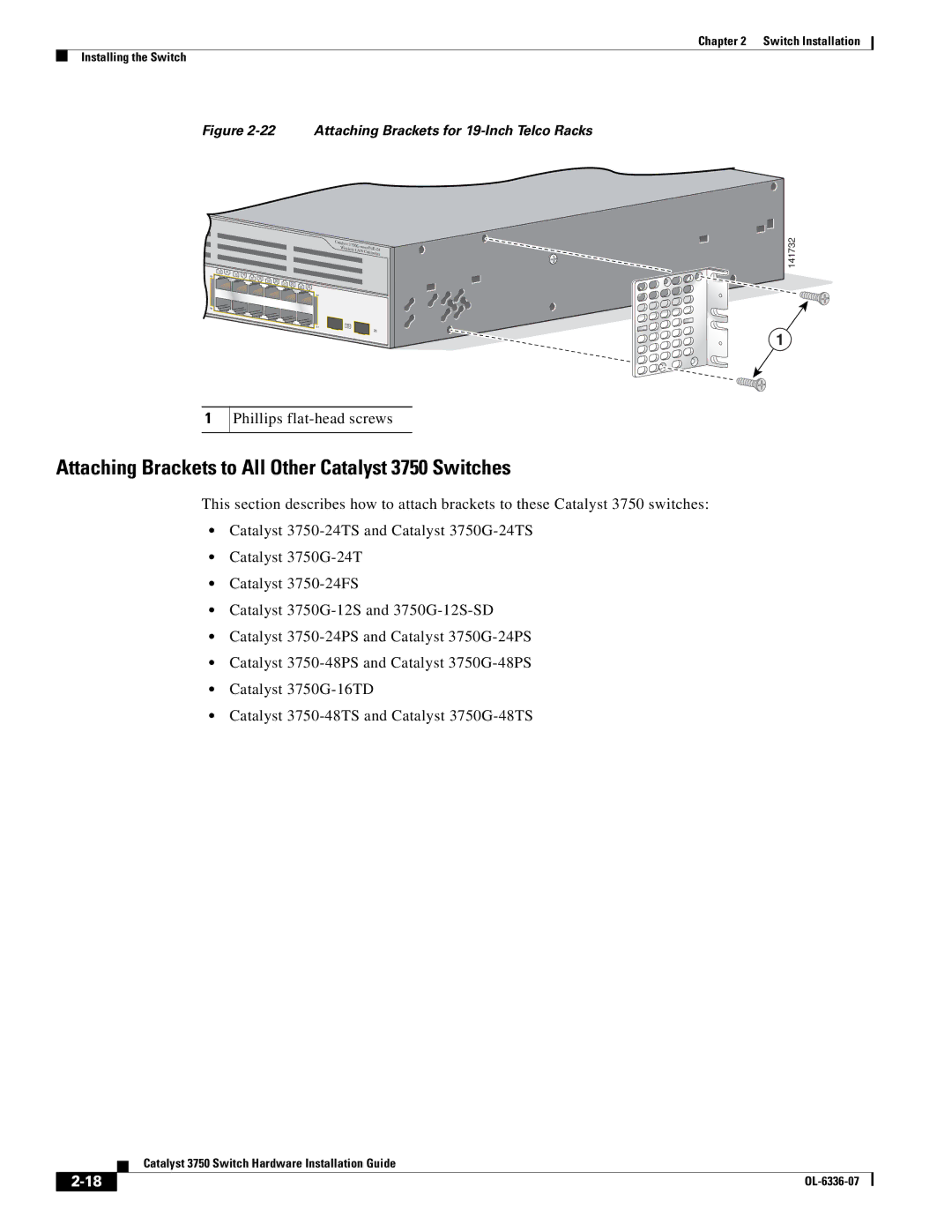 Cisco Systems WSC3750X24TS specifications Attaching Brackets to All Other Catalyst 3750 Switches 