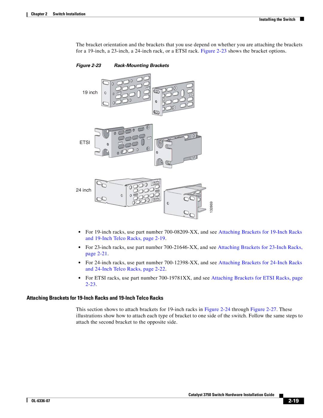 Cisco Systems WSC3750X24TS specifications Attaching Brackets for 19-Inch Racks and 19-Inch Telco Racks 