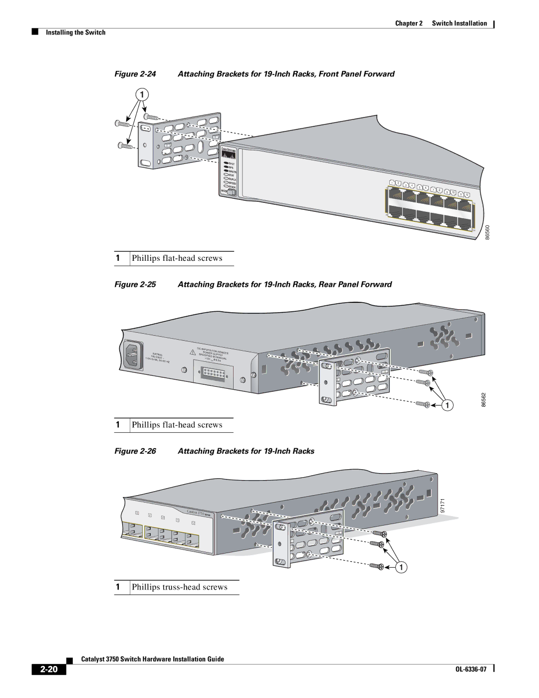 Cisco Systems WSC3750X24TS Phillips truss-head screws, Attaching Brackets for 19-Inch Racks, Front Panel Forward 