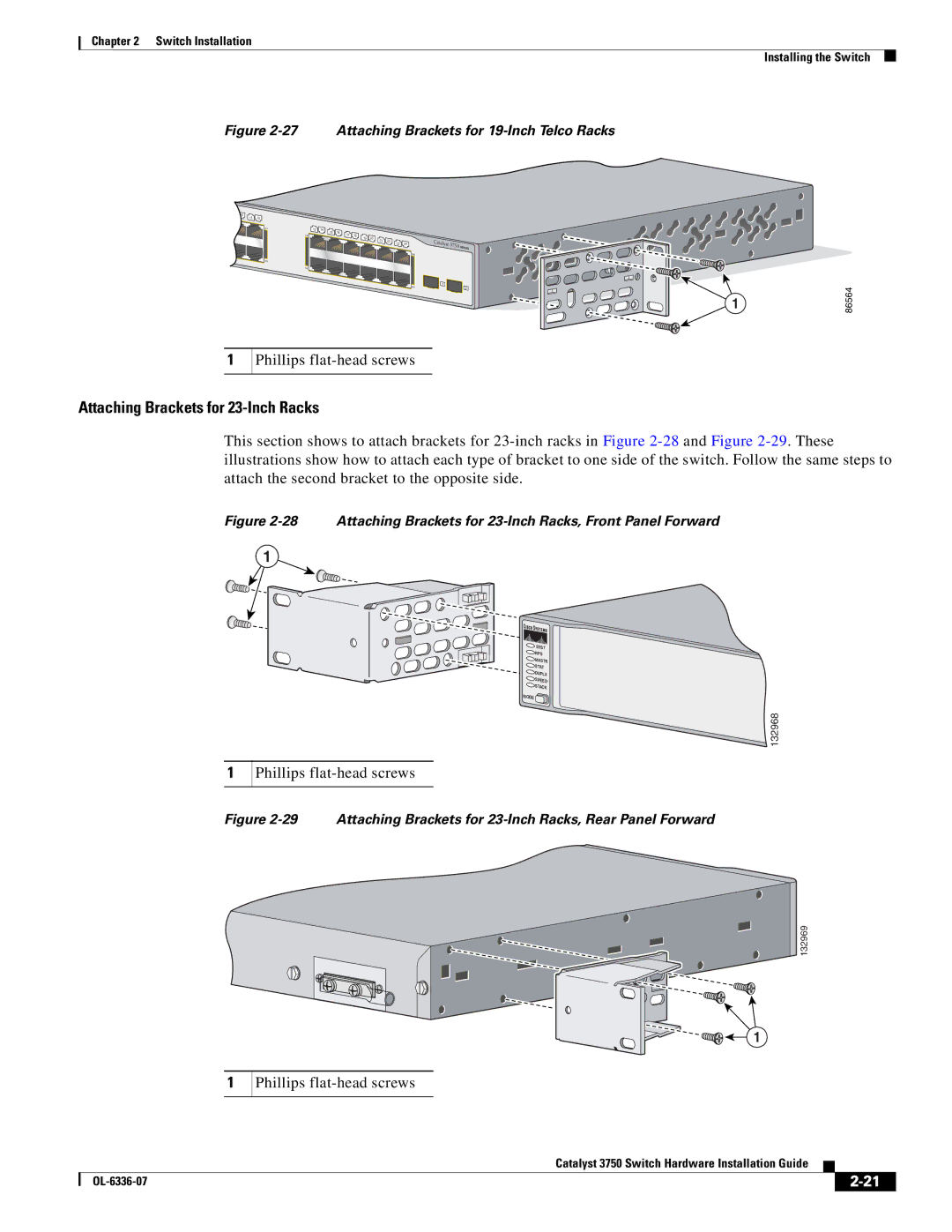 Cisco Systems WSC3750X24TS specifications Attaching Brackets for 23-Inch Racks 