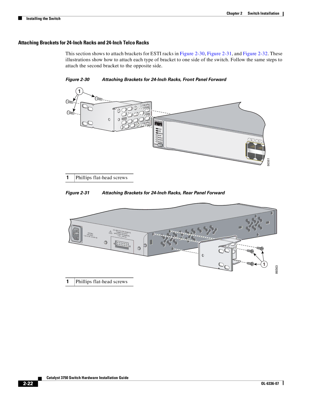 Cisco Systems WSC3750X24TS specifications Attaching Brackets for 24-Inch Racks and 24-Inch Telco Racks 