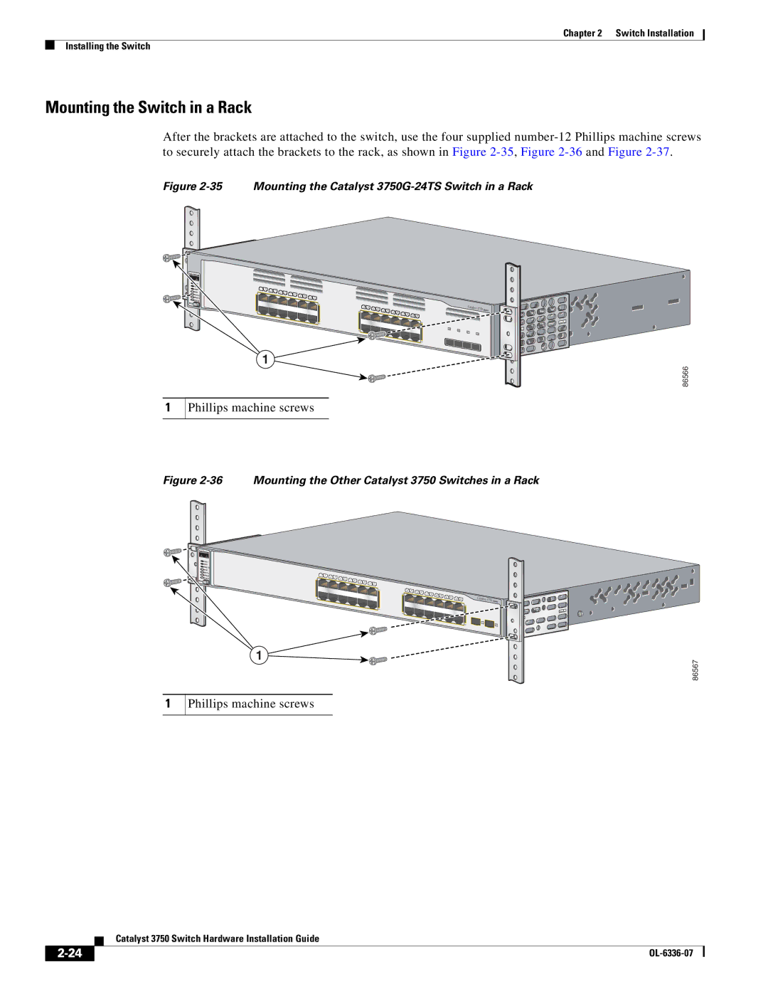 Cisco Systems WSC3750X24TS specifications Mounting the Switch in a Rack, Phillips machine screws 