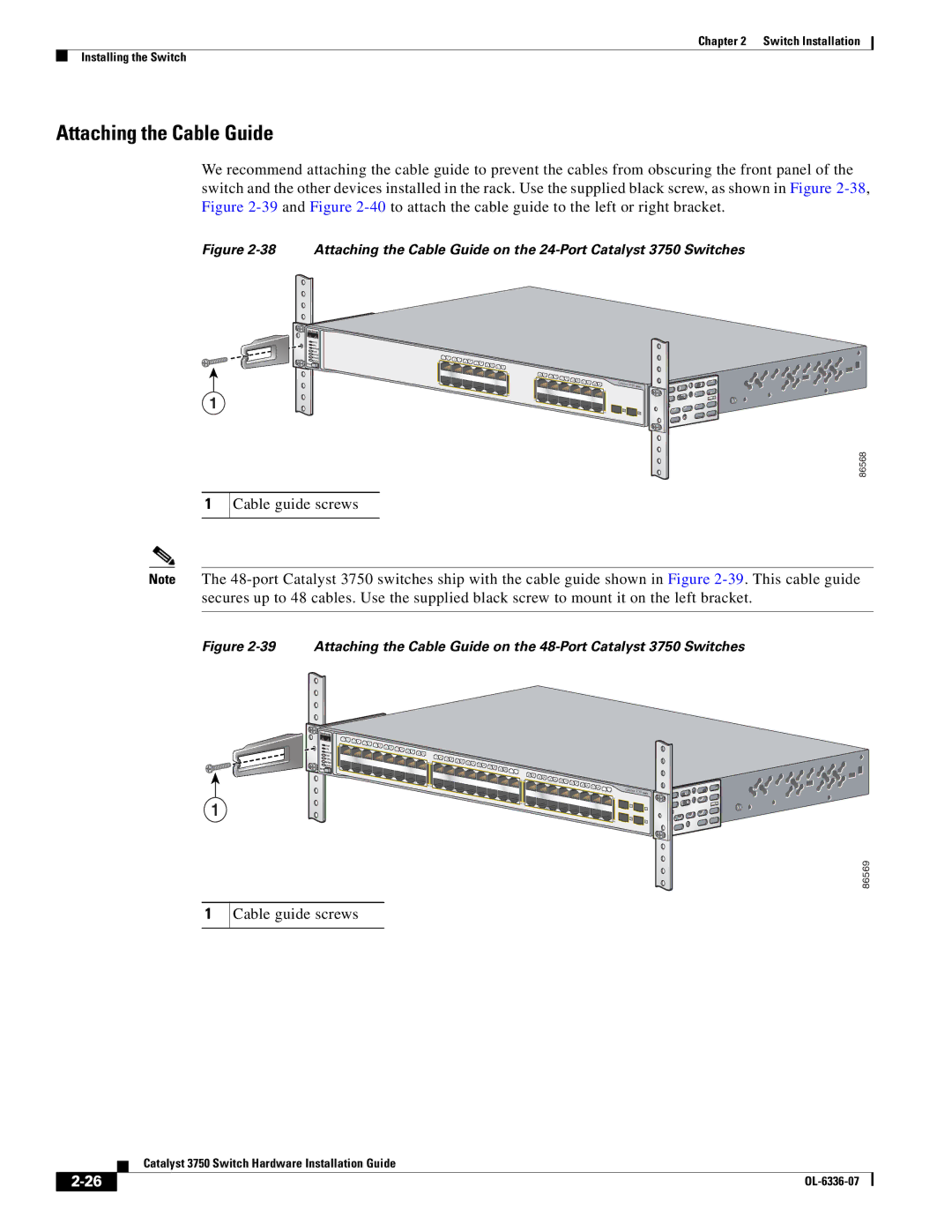 Cisco Systems WSC3750X24TS specifications Attaching the Cable Guide, Cable guide screws 