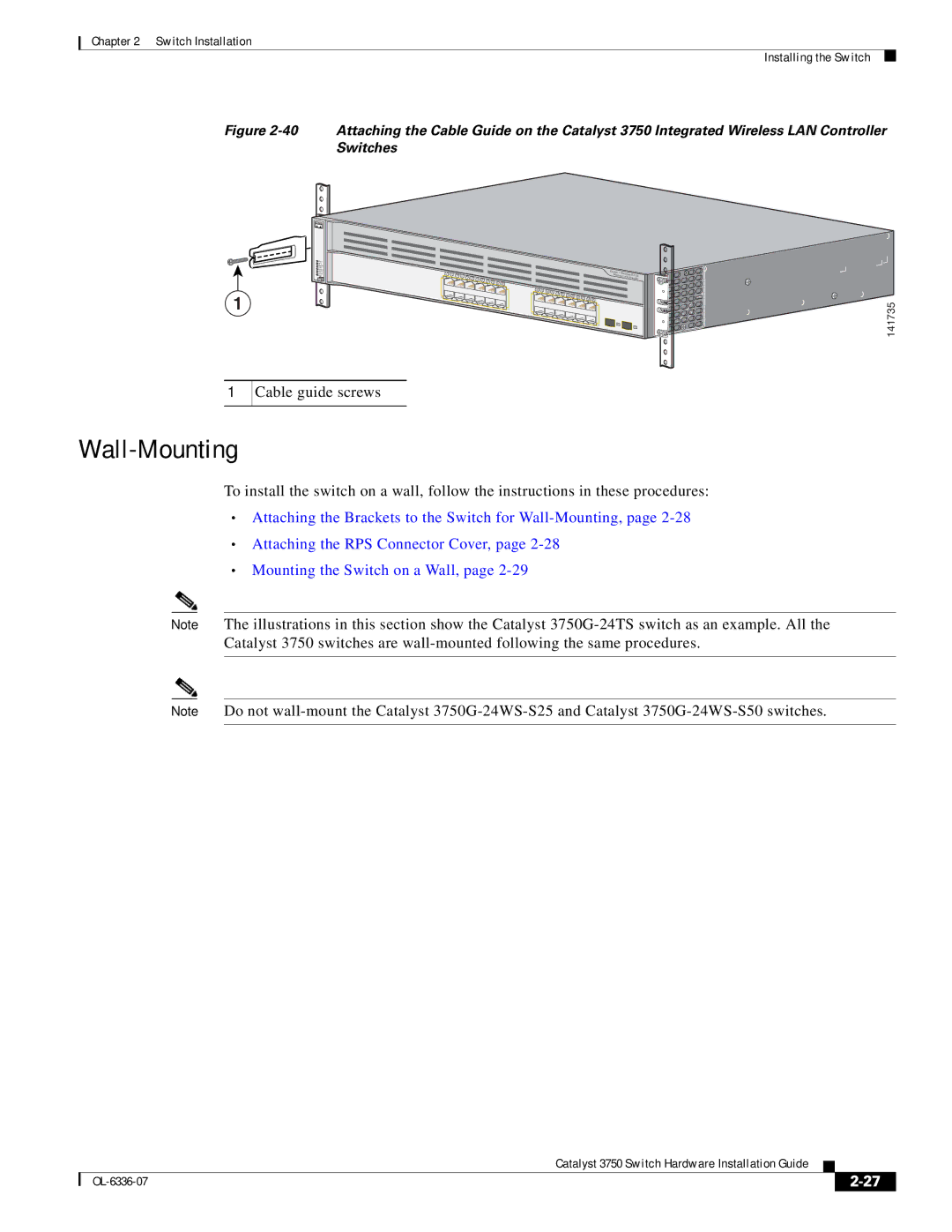 Cisco Systems WSC3750X24TS specifications Wall-Mounting 