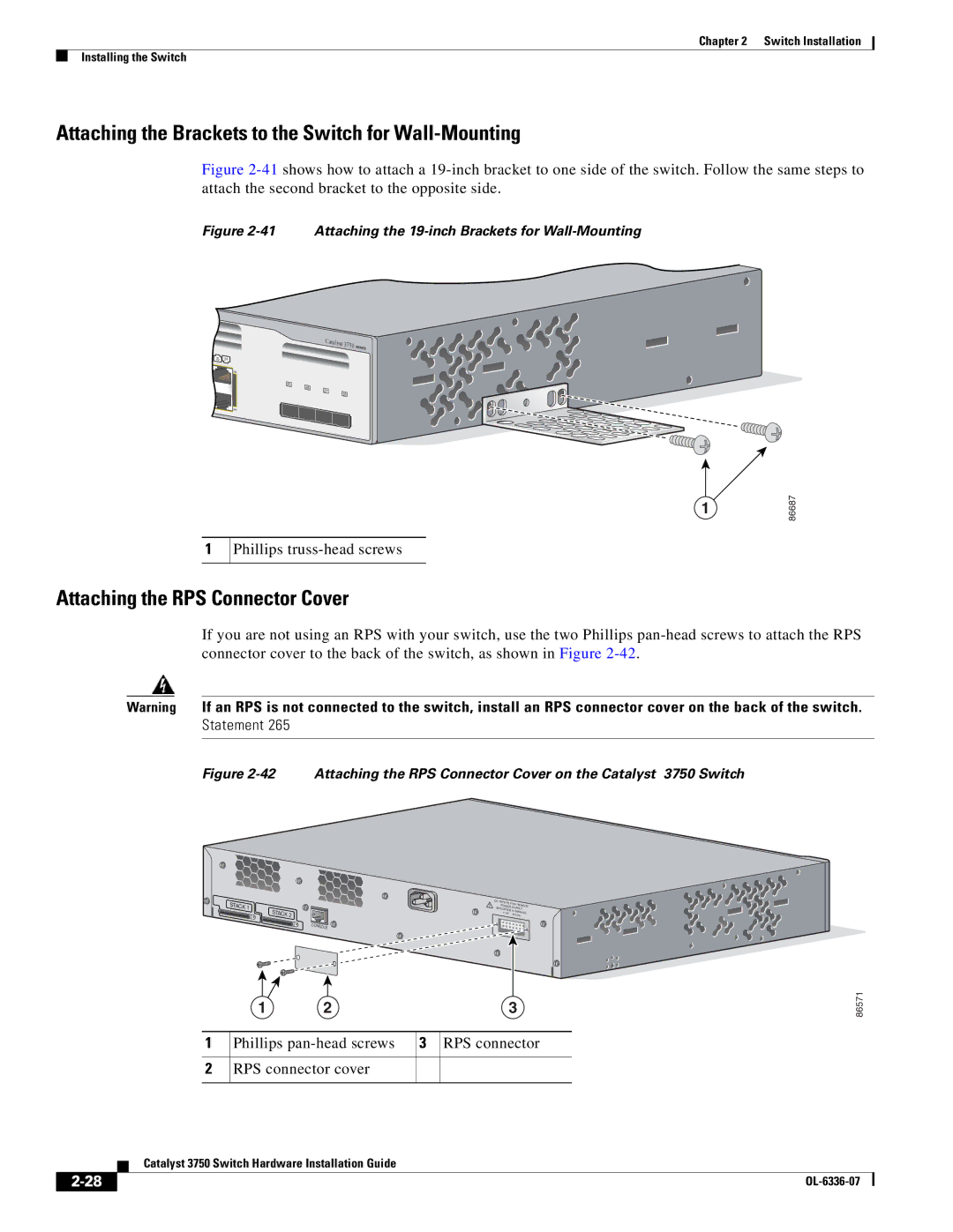 Cisco Systems WSC3750X24TS Attaching the Brackets to the Switch for Wall-Mounting, Attaching the RPS Connector Cover 