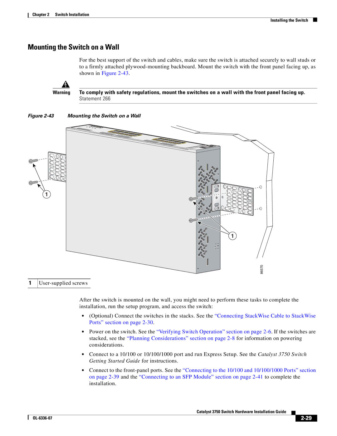 Cisco Systems WSC3750X24TS specifications Mounting the Switch on a Wall 