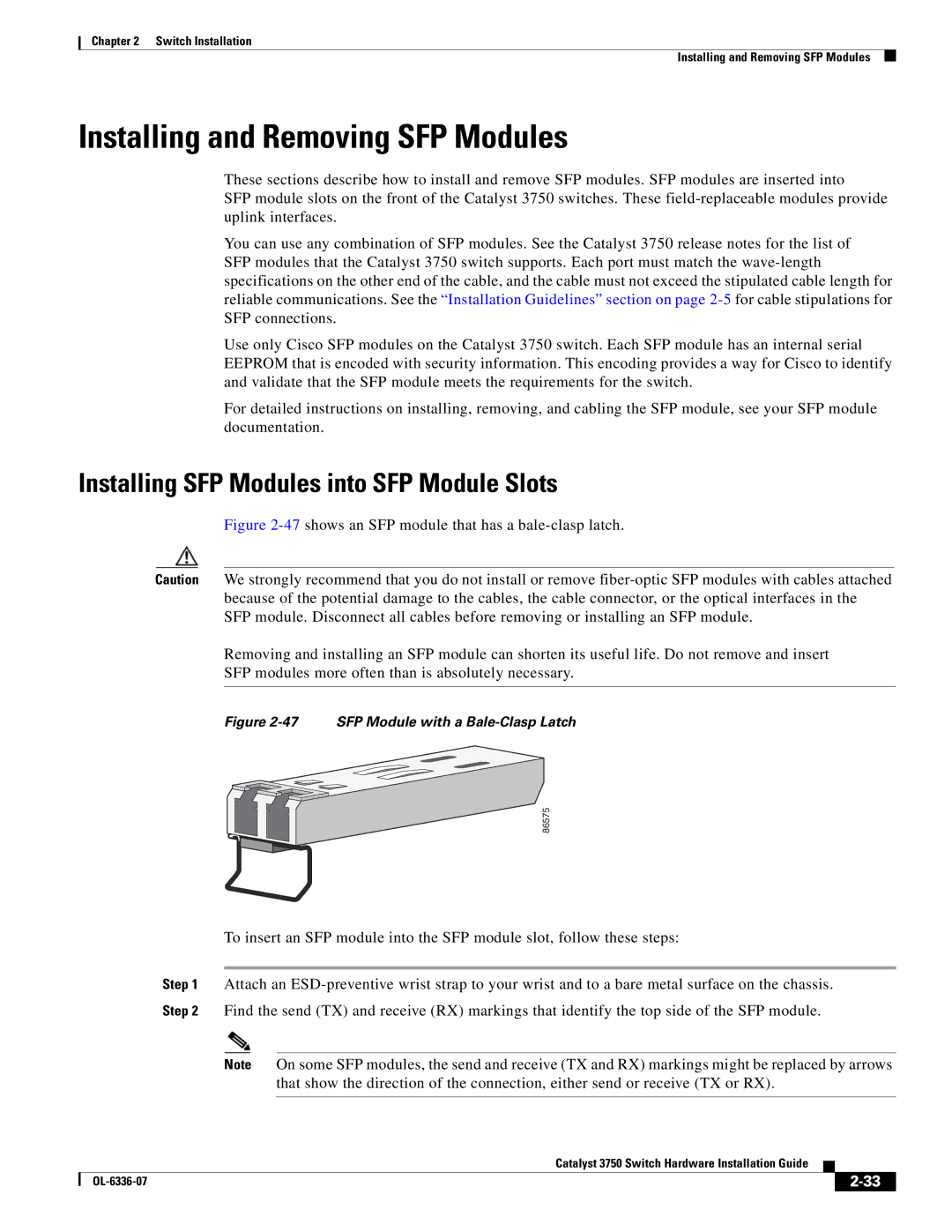 Cisco Systems WSC3750X24TS specifications Installing and Removing SFP Modules, Installing SFP Modules into SFP Module Slots 