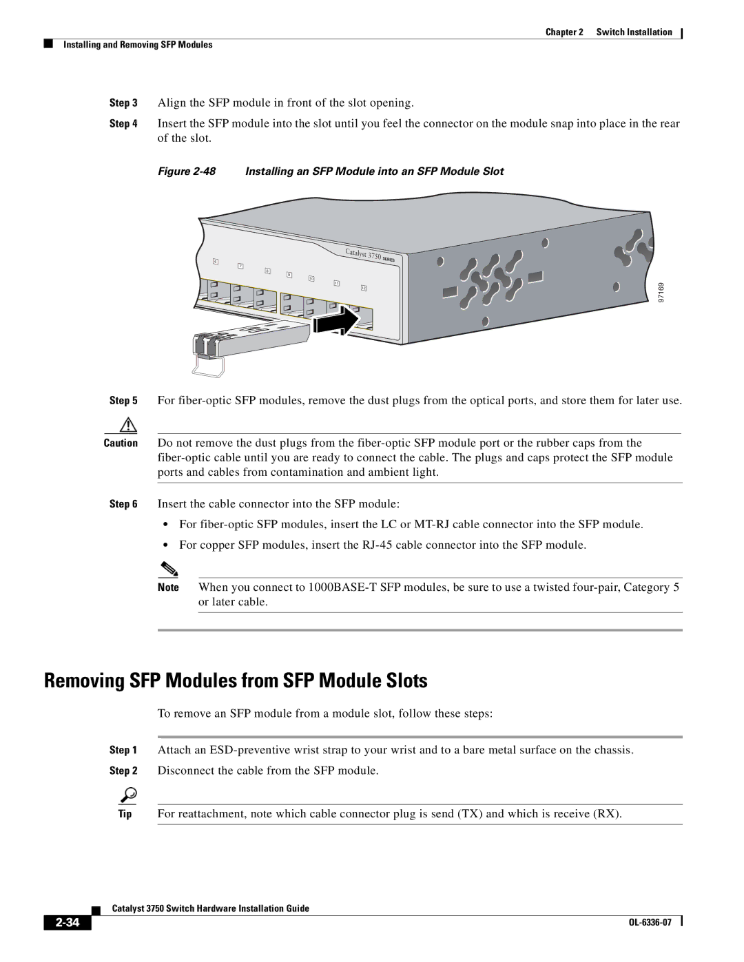 Cisco Systems WSC3750X24TS Removing SFP Modules from SFP Module Slots, Installing an SFP Module into an SFP Module Slot 