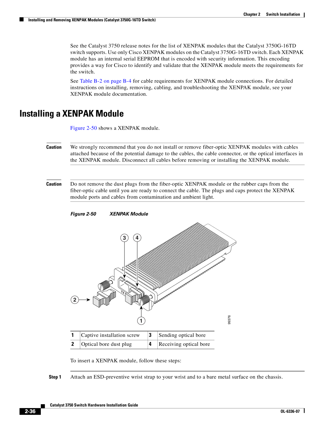 Cisco Systems WSC3750X24TS specifications Installing a Xenpak Module, 50shows a Xenpak module 