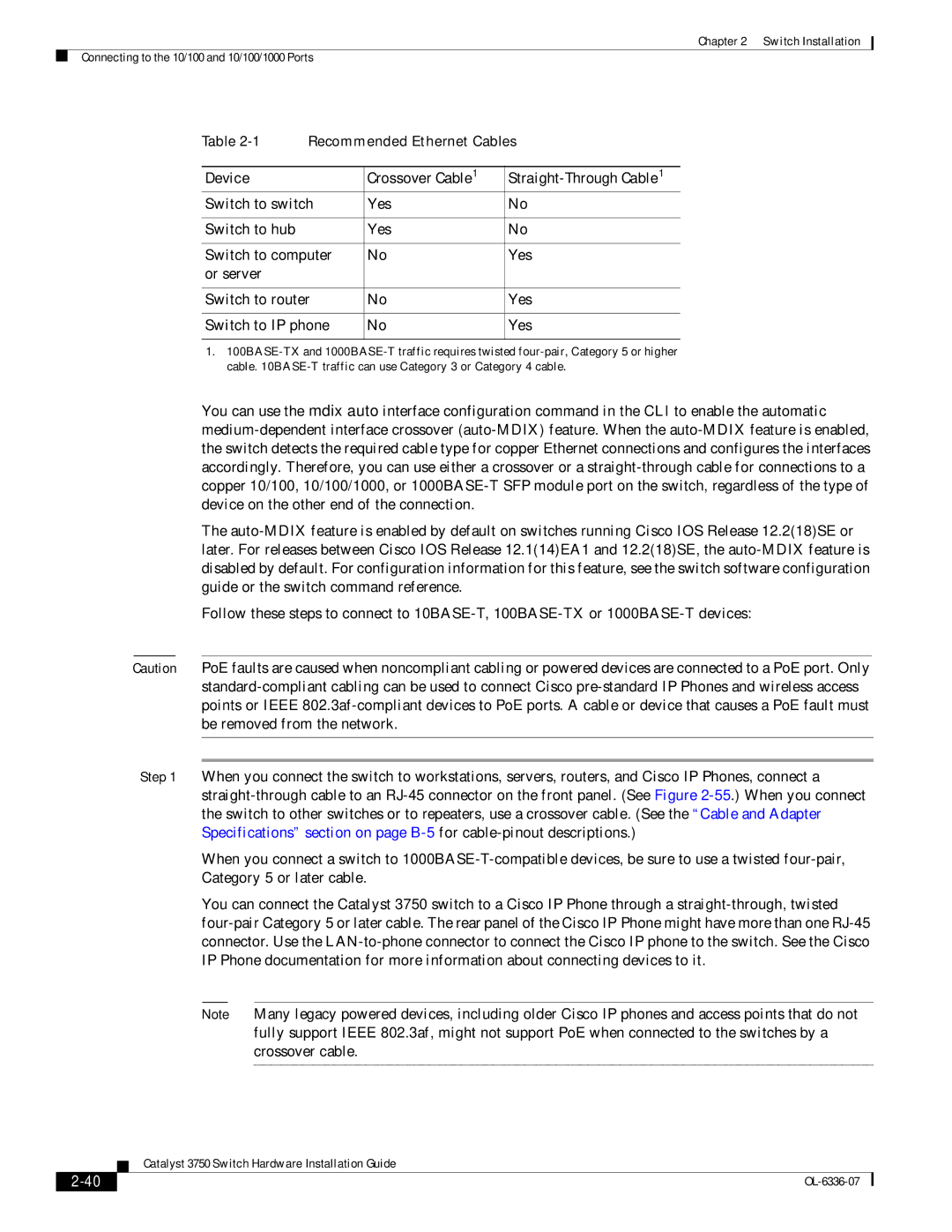 Cisco Systems WSC3750X24TS specifications Device Crossover Cable 