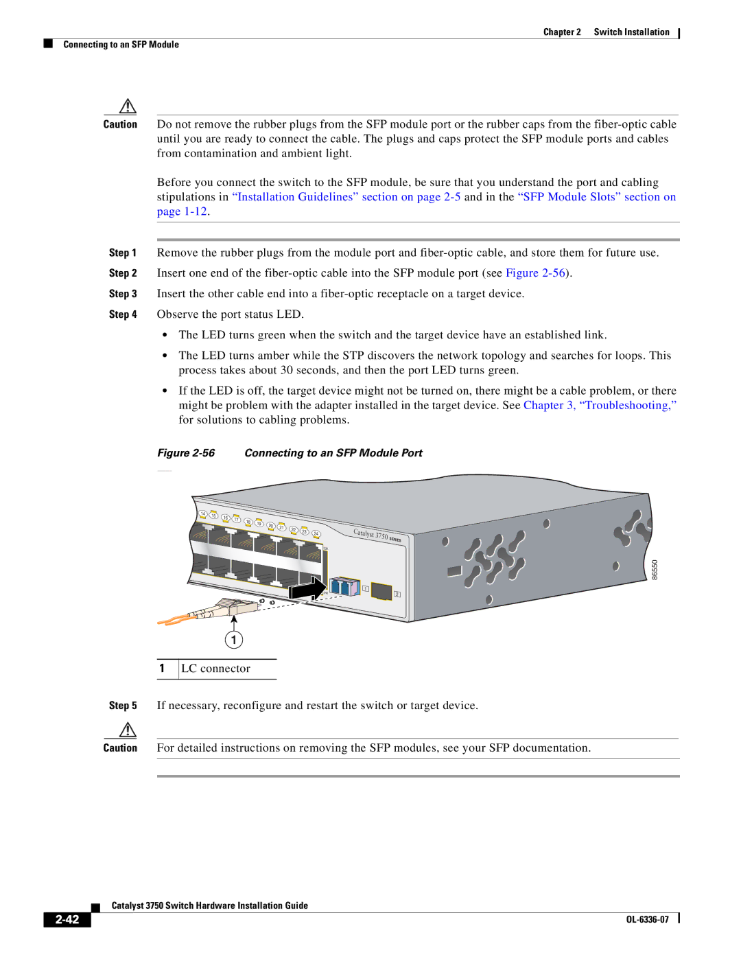 Cisco Systems WSC3750X24TS specifications Connecting to an SFP Module Port 