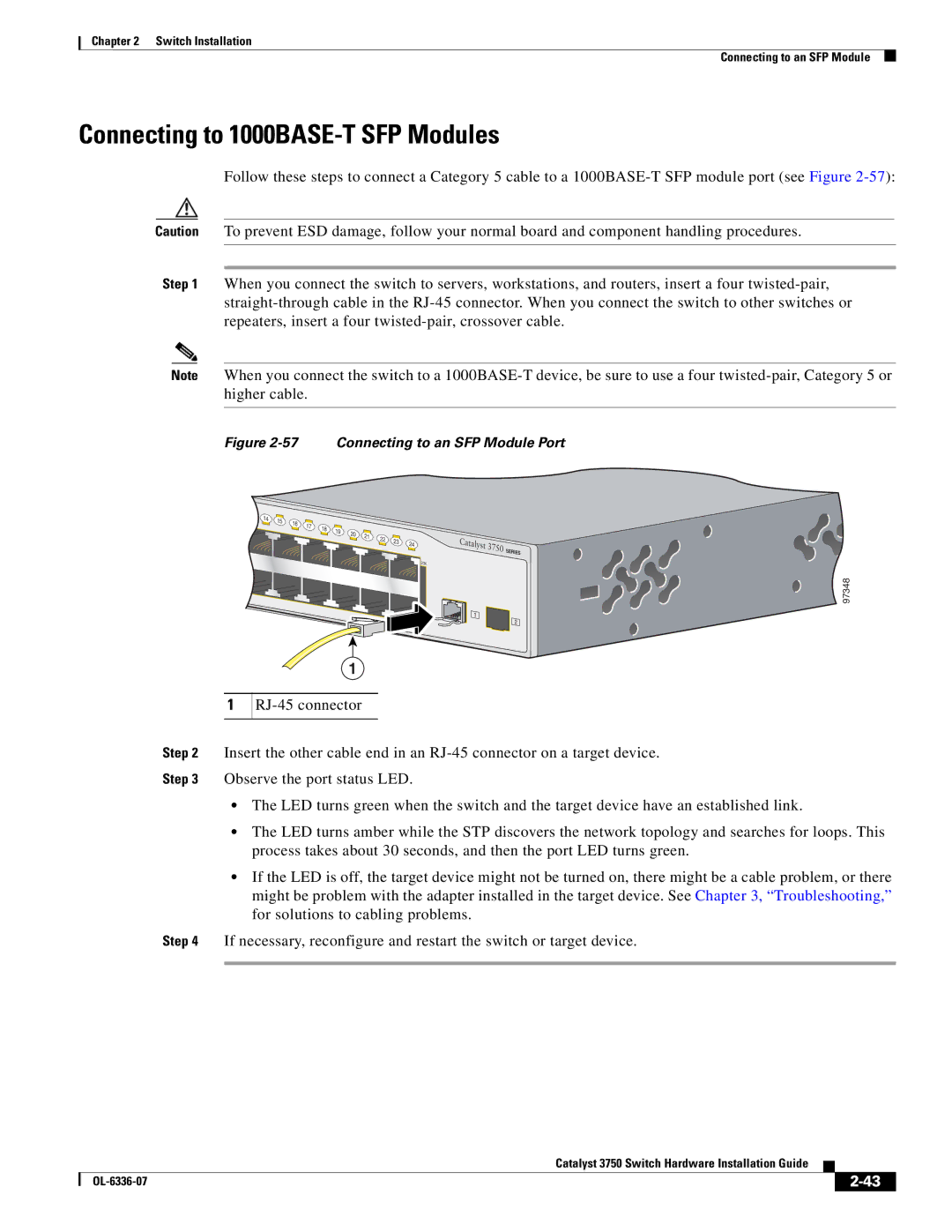 Cisco Systems WSC3750X24TS specifications Connecting to 1000BASE-T SFP Modules, Connecting to an SFP Module Port 