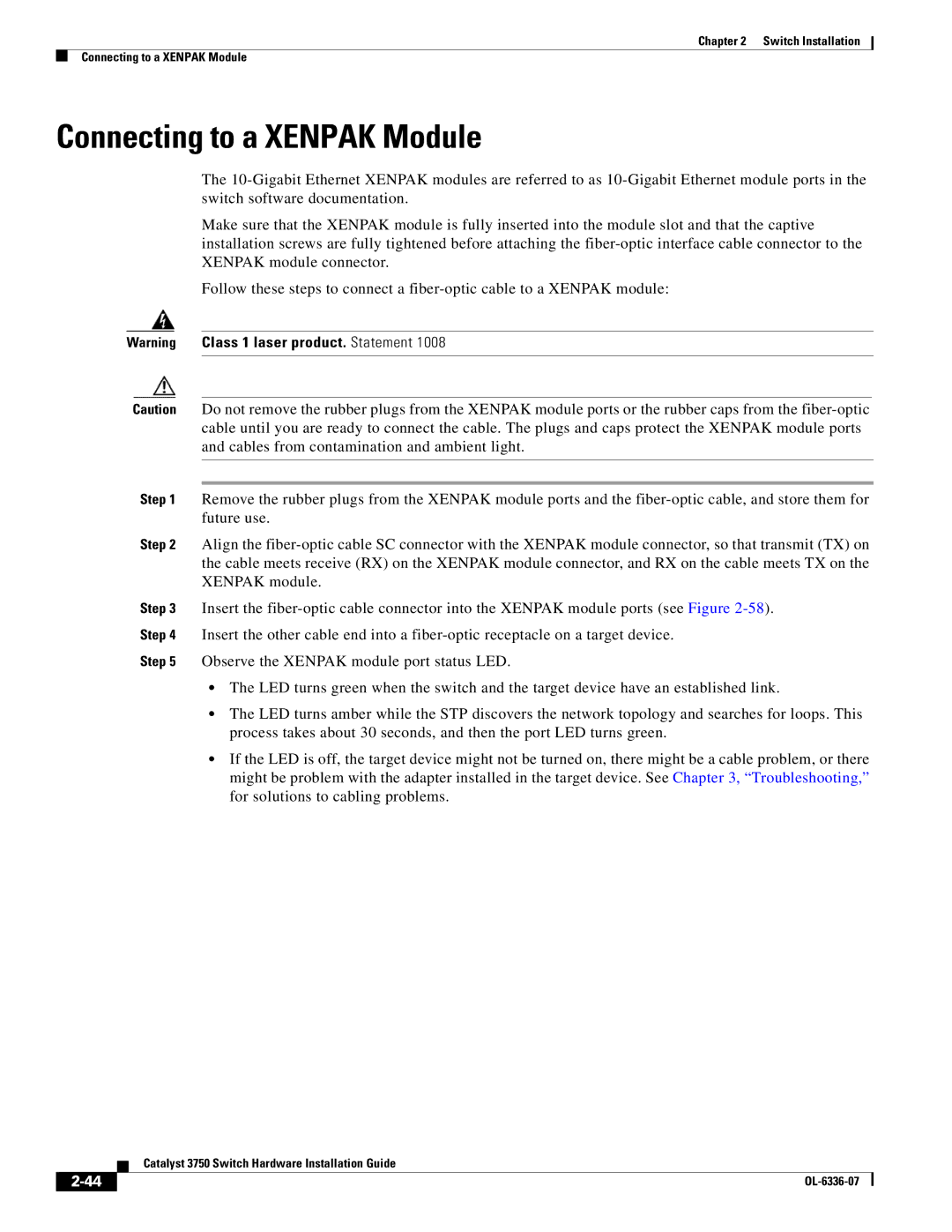 Cisco Systems WSC3750X24TS specifications Connecting to a Xenpak Module 