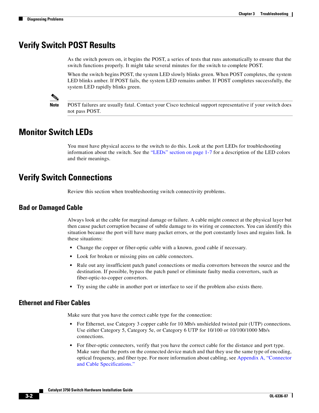 Cisco Systems WSC3750X24TS specifications Verify Switch Post Results, Monitor Switch LEDs, Verify Switch Connections 