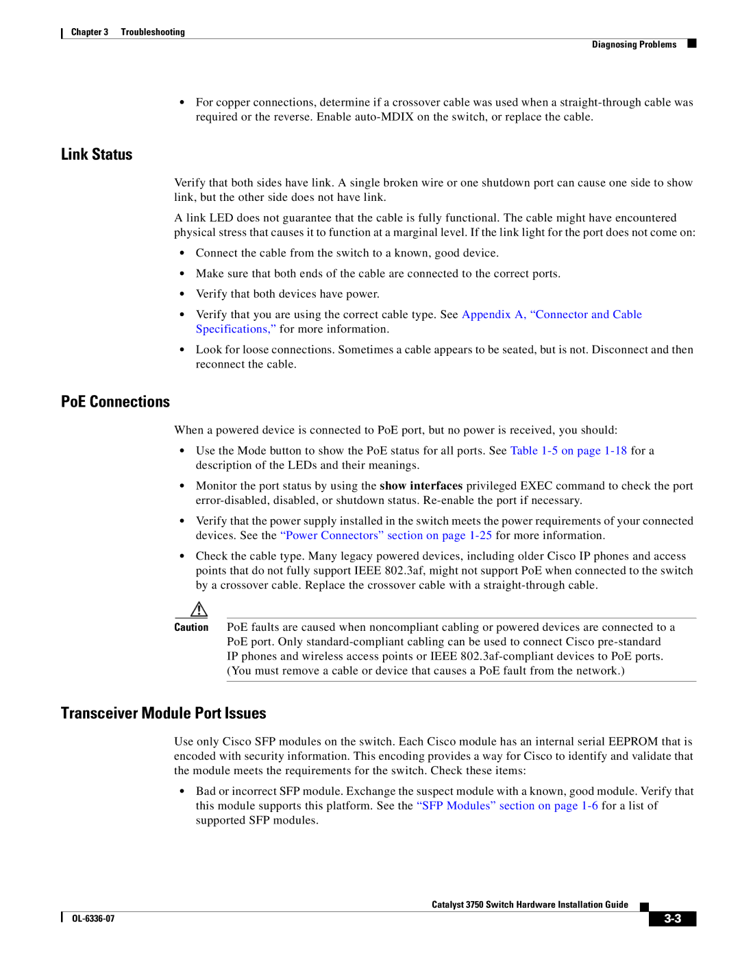 Cisco Systems WSC3750X24TS specifications Link Status, PoE Connections, Transceiver Module Port Issues 